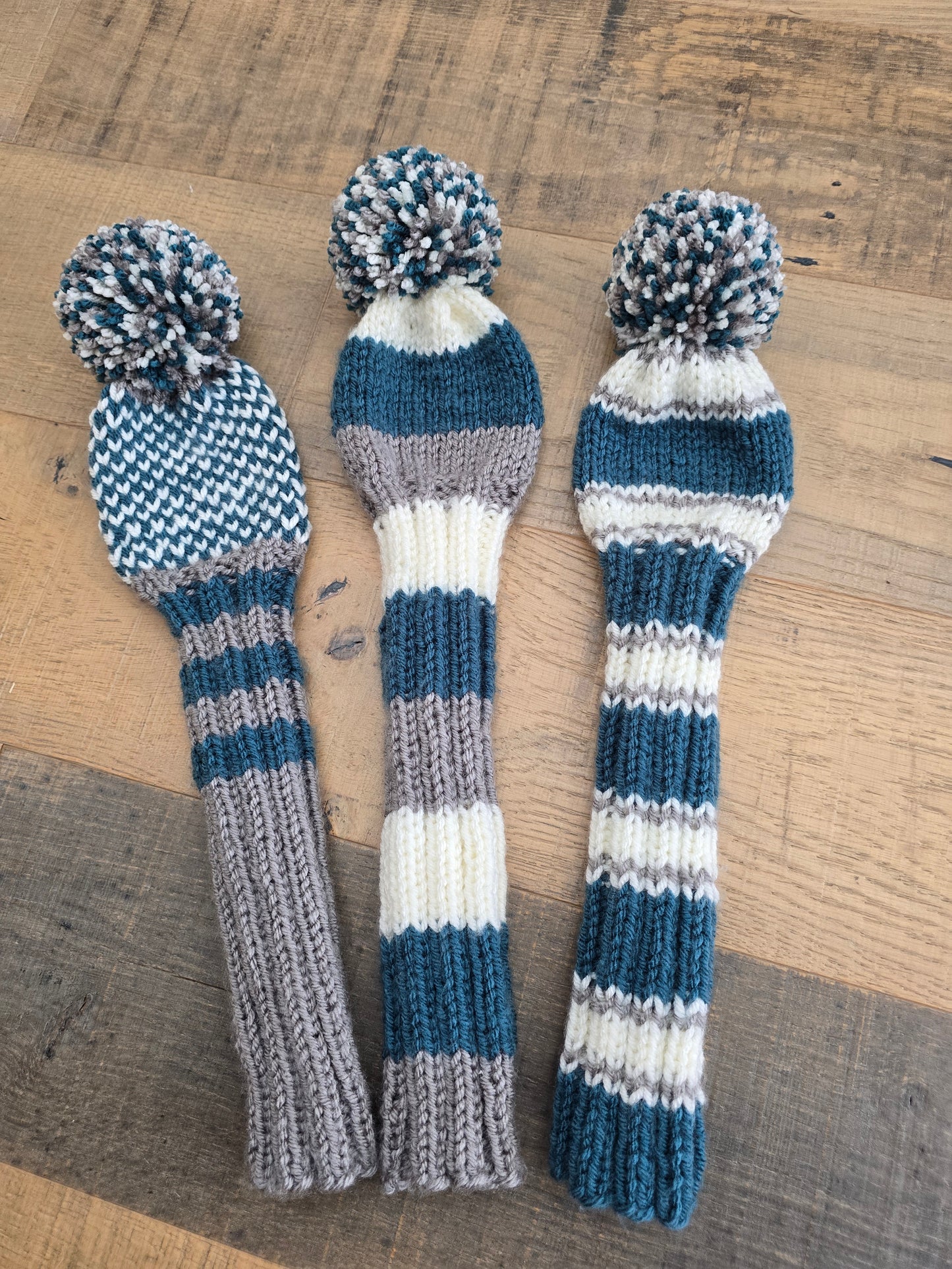Golf Club Head Covers Retro-Vintage Teal, Gray and Off White with Pom Poms for Drivers, Woods Hand Knit Golf Accessory