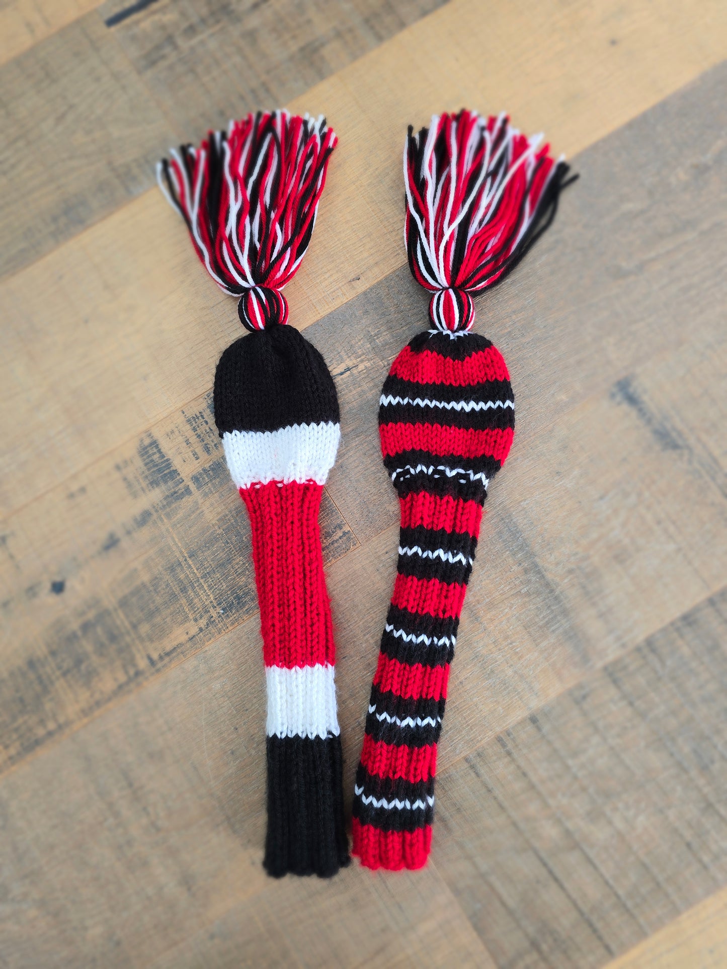 Two Hand Knit Golf Club Head Covers Black, Red & White with Tassels for Fairway Woods