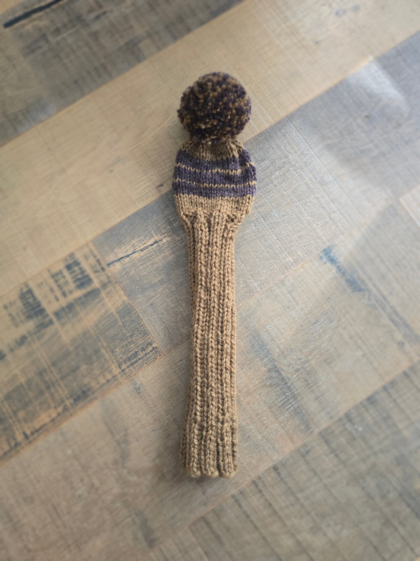 100% Wool Hand Knit Hybrid Golf Club Head Cover Retro-Vintage Brown &Tan with Pom Pom