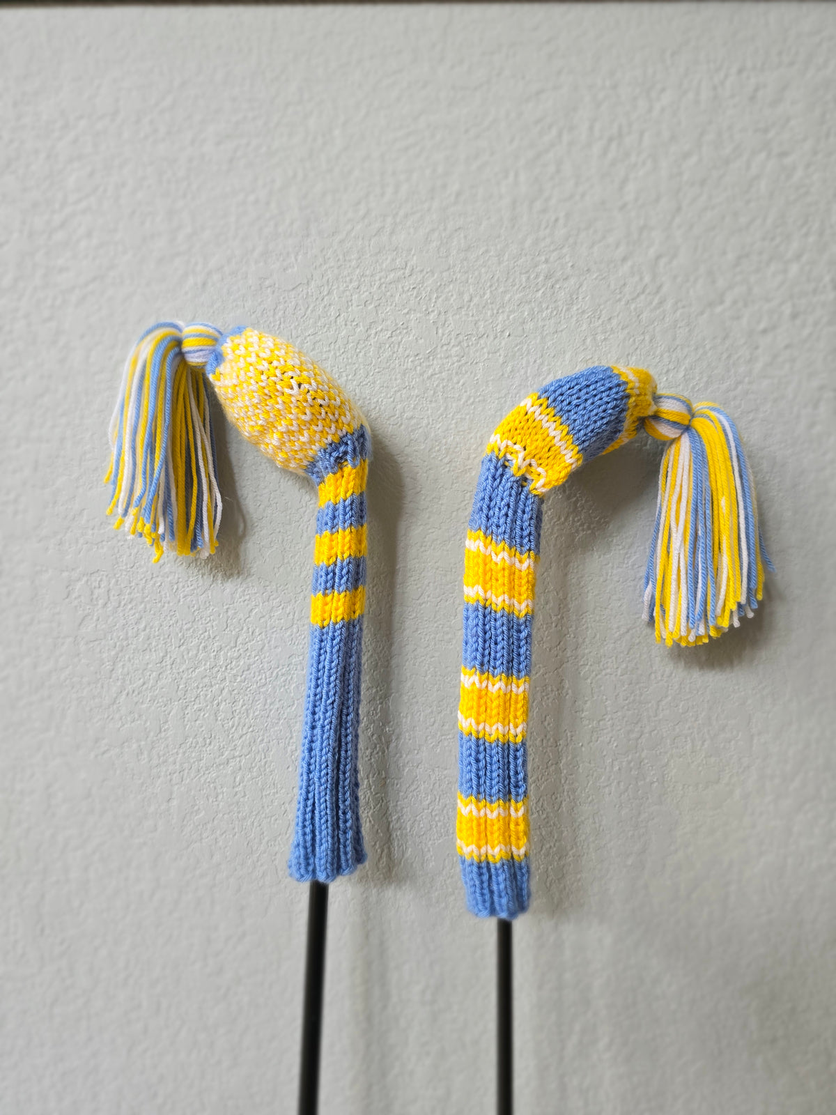 Hand Knit Golf Club Head Covers Retro-Vintage Blue, Yellow & White with Tassels for Fairway Woods
