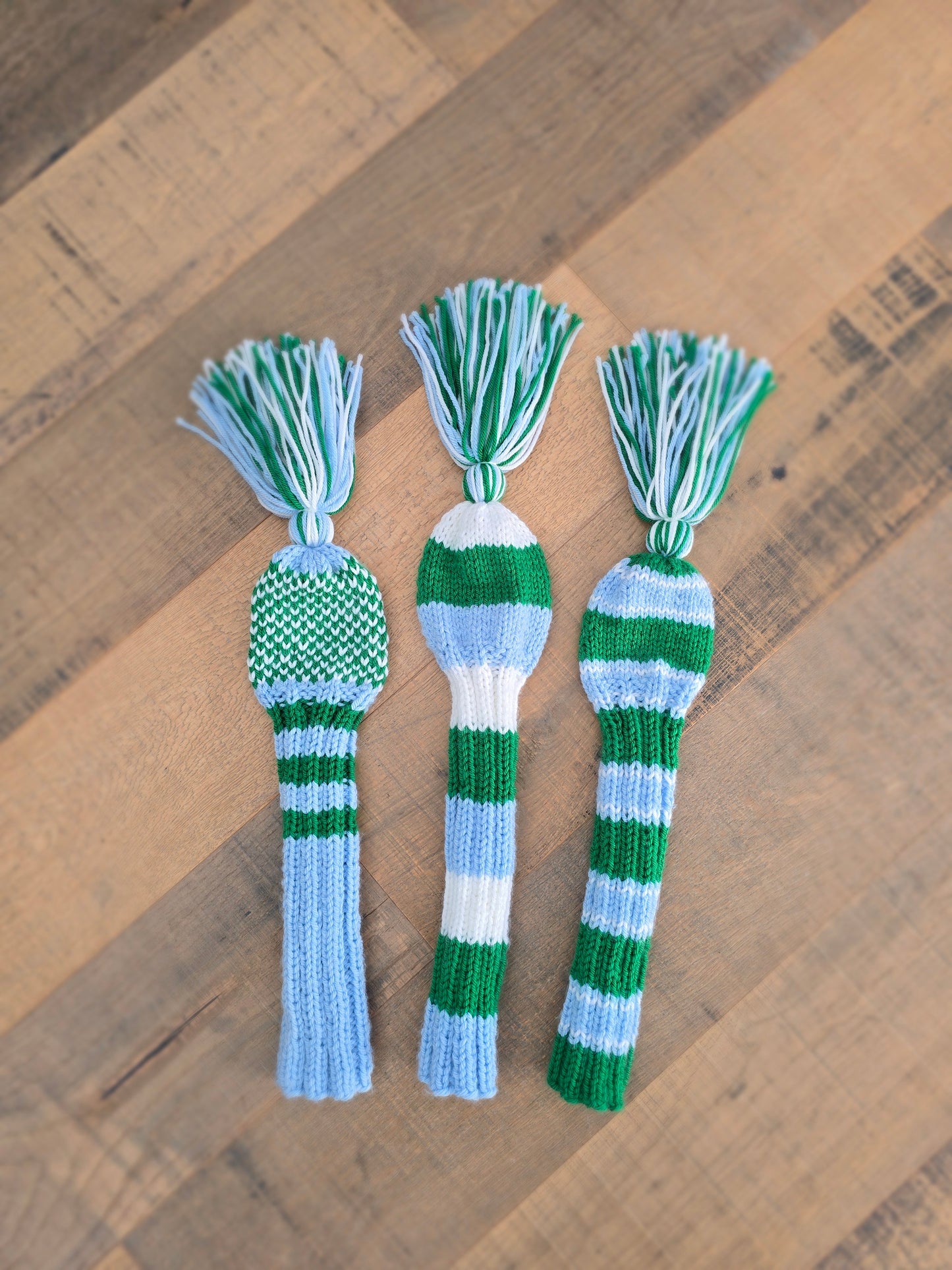Three Golf Club Head Covers Retro-Vintage Blue, Green & White with Tassels for Drivers, Woods