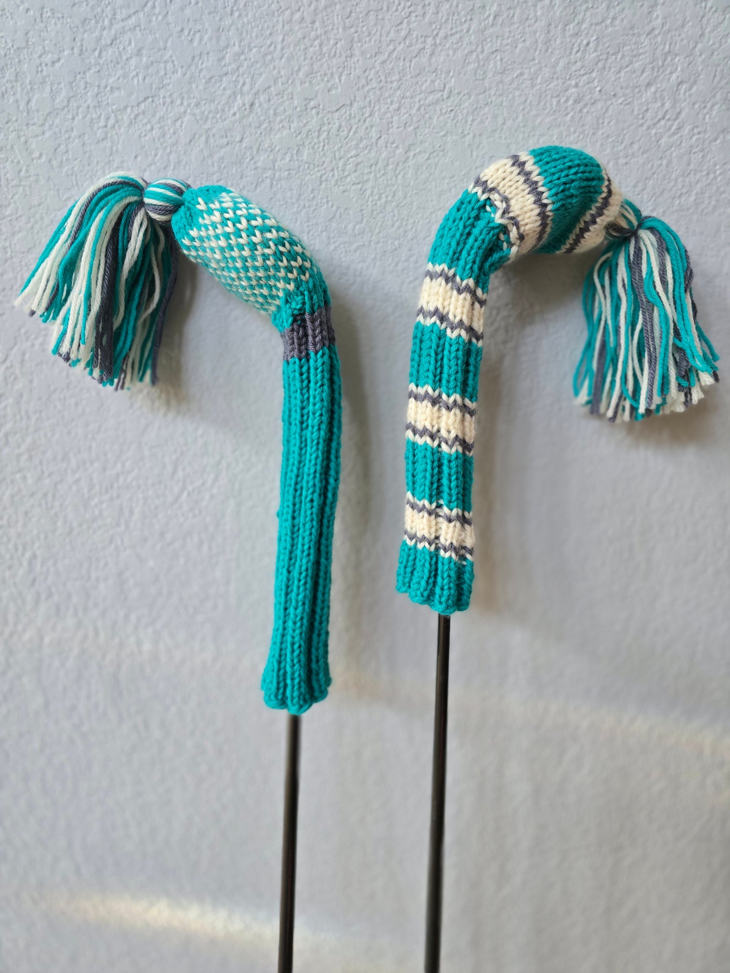 Two 100% Wool Hand Knit Golf Club Head Cover Retro-Vintage Teal, Gray & Ivory with Tassel for Fairway Woods