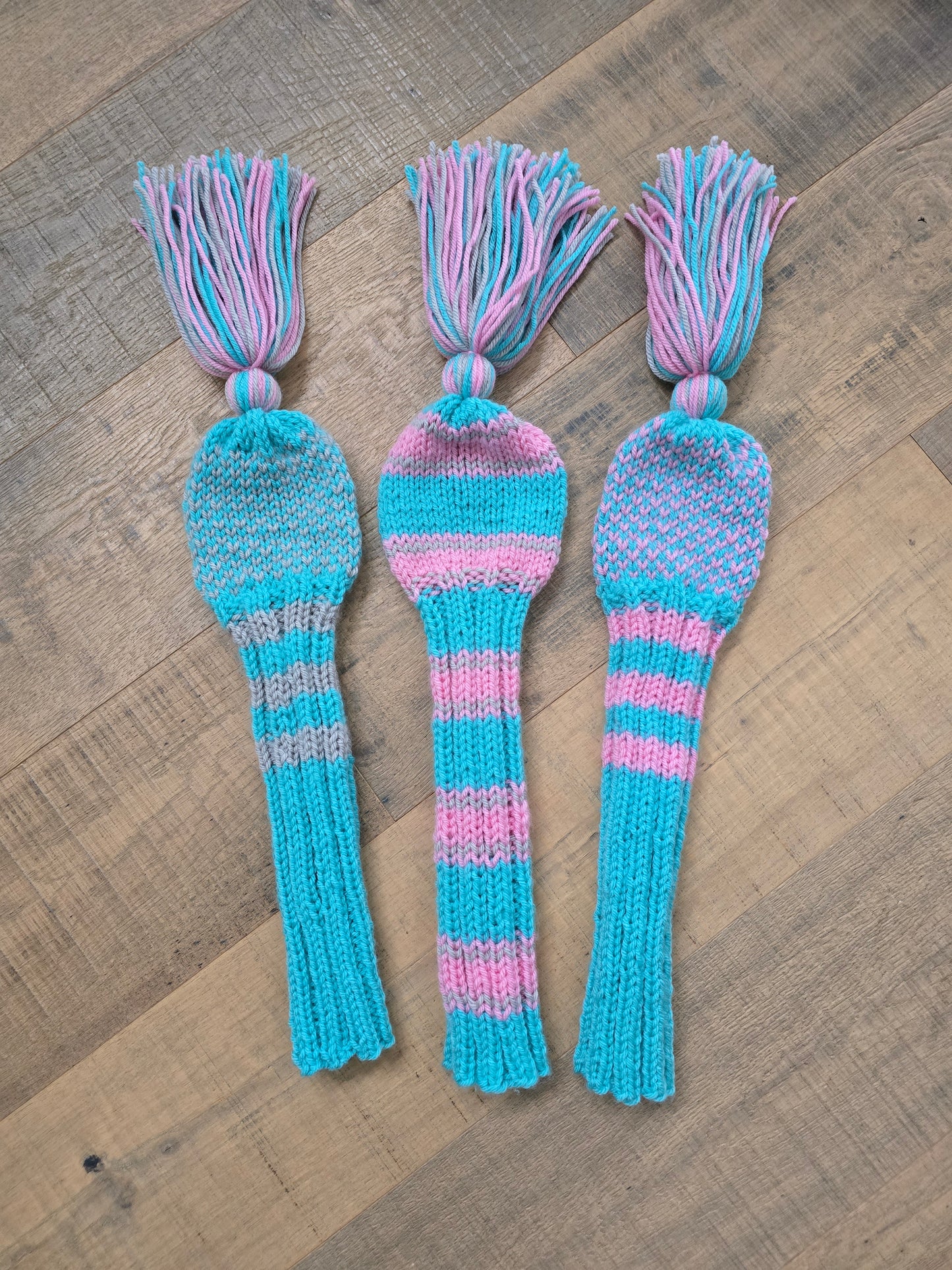 Golf Club Head Covers Retro-Vintage Pink, Gray & Aqua with Tassels for Drivers, Woods Hand Knit Golf Accessory