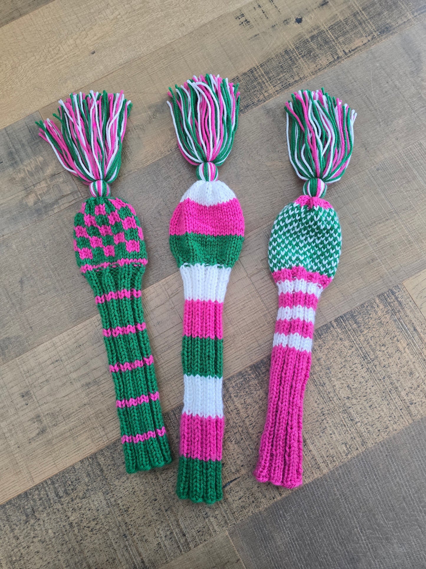 Golf Club Head Covers Retro-Vintage Pink, Green & White with Tassels for Drivers, Woods Hand Knit Golf Accessory