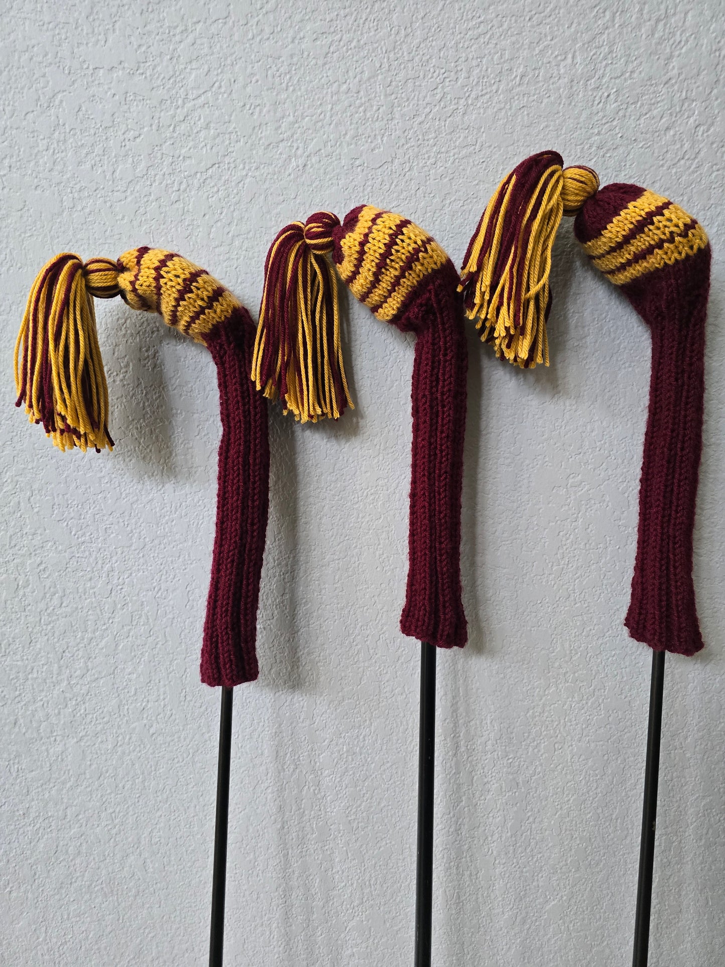Custom Hand Knit Golf Club Head Covers Retro-Vintage Maroon & Gold with Tassels for 3,4 & 5 Fairway Woods