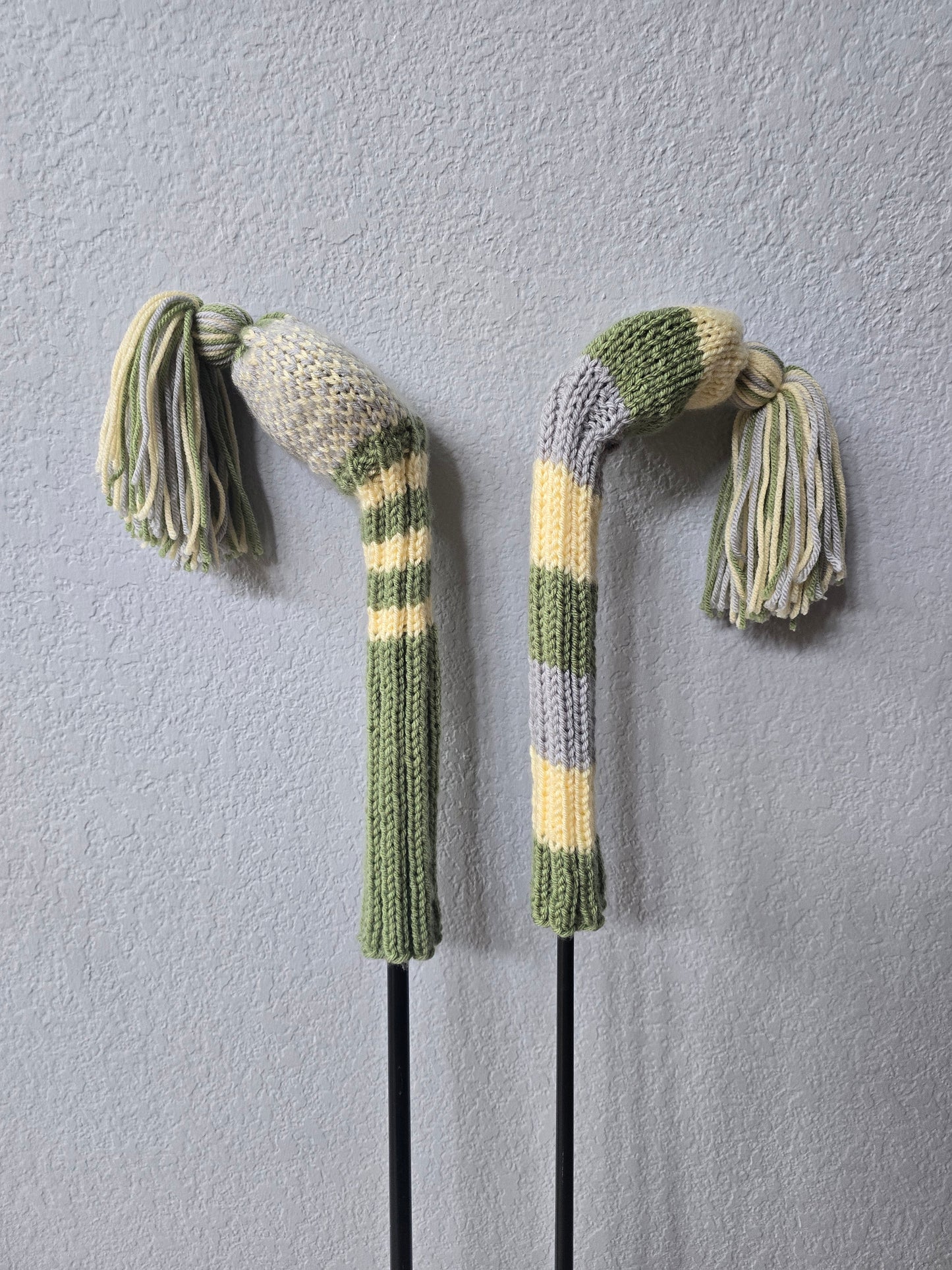 Two Golf Club Head Covers Retro-Vintage Green, Yellow & Gray with Tassels for Fairway Woods