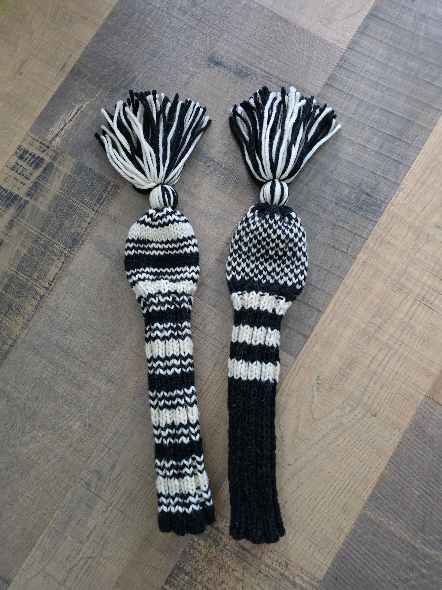 Two 100% Wool Hand Knit Golf Club Head Cover Retro-Vintage Dark Gray & Ivory with Tassel for Fairway Woods