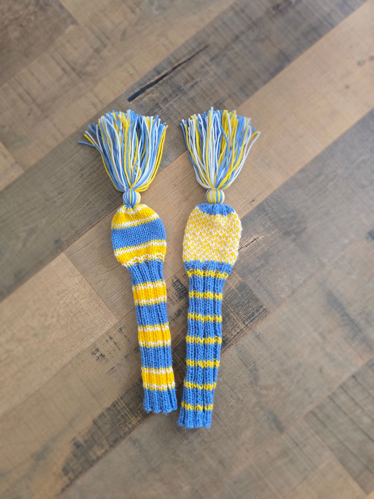 Hand Knit Golf Club Head Covers Retro-Vintage Blue, Yellow & White with Tassels for Fairway Woods