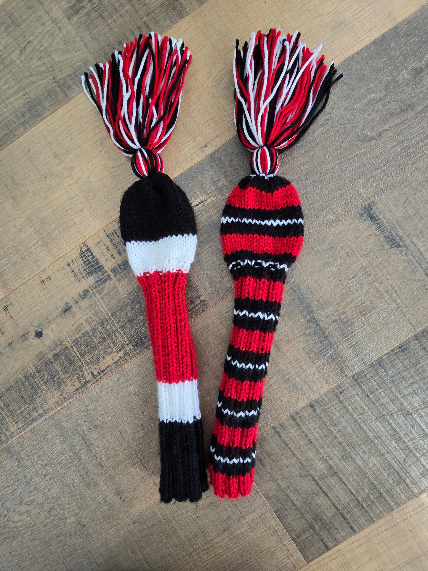Two Hand Knit Golf Club Head Covers Black, Red & White with Tassels for Fairway Woods