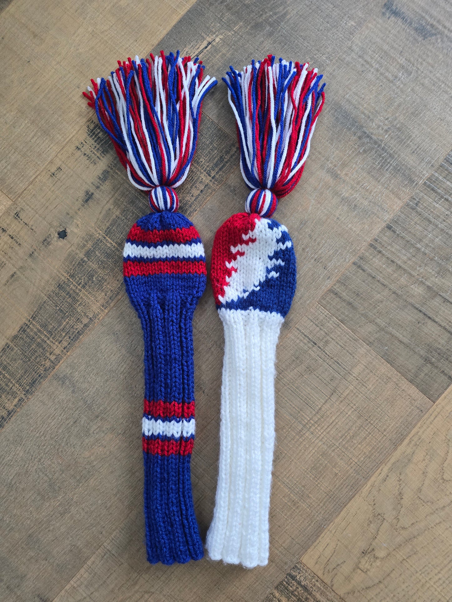Hand Knit Golf Club Head Covers Retro-Vintage Custom Red, White and Blue Set of Two for Hybrids for Wes