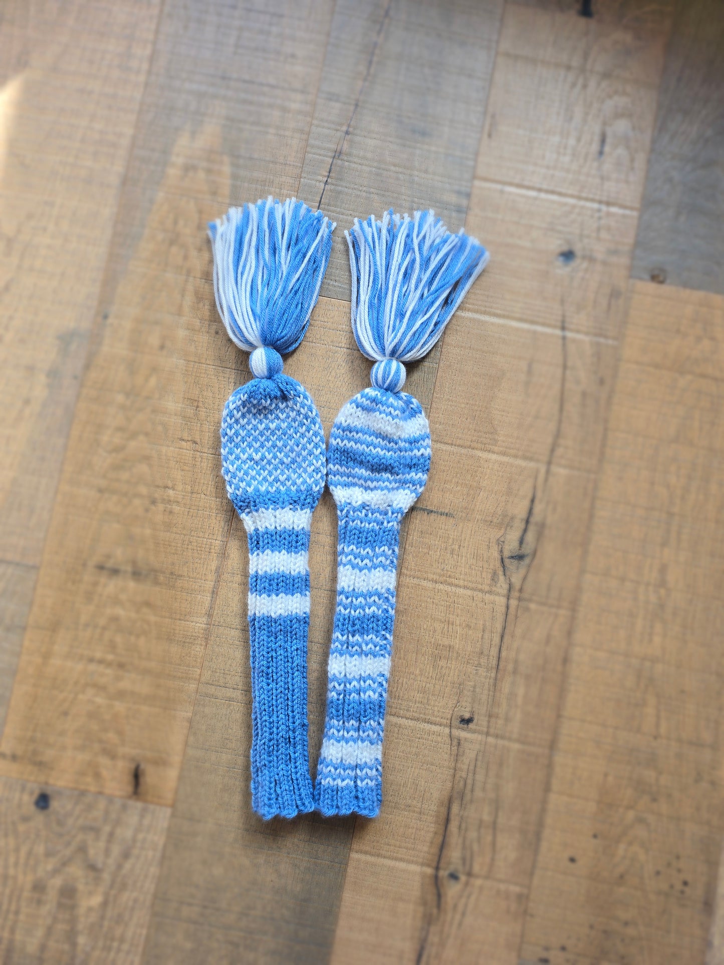 Two Hand Knit Golf Club Head Covers Retro-Vintage Blue & White with Tassels for Woods