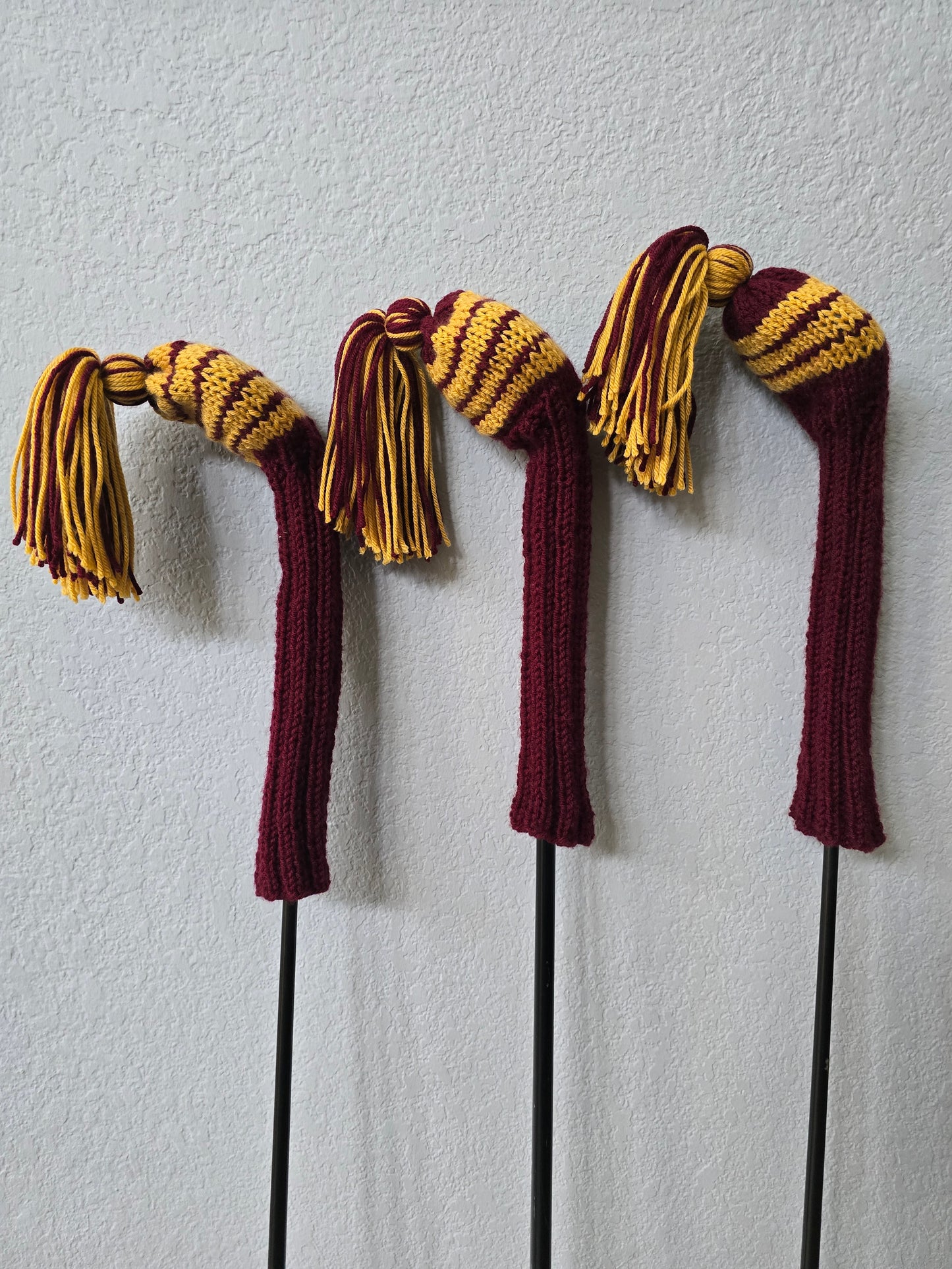 Custom Hand Knit Golf Club Head Covers Retro-Vintage Maroon & Gold with Tassels for 3,4 & 5 Fairway Woods