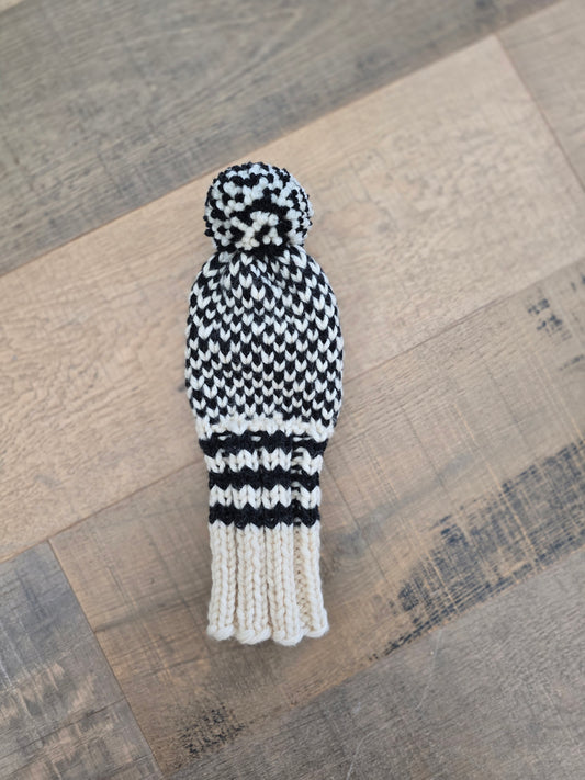 100% Wool Hand Knit Hybrid Golf Club Head Cover Retro-Vintage Black & Ivory with Tassel for John