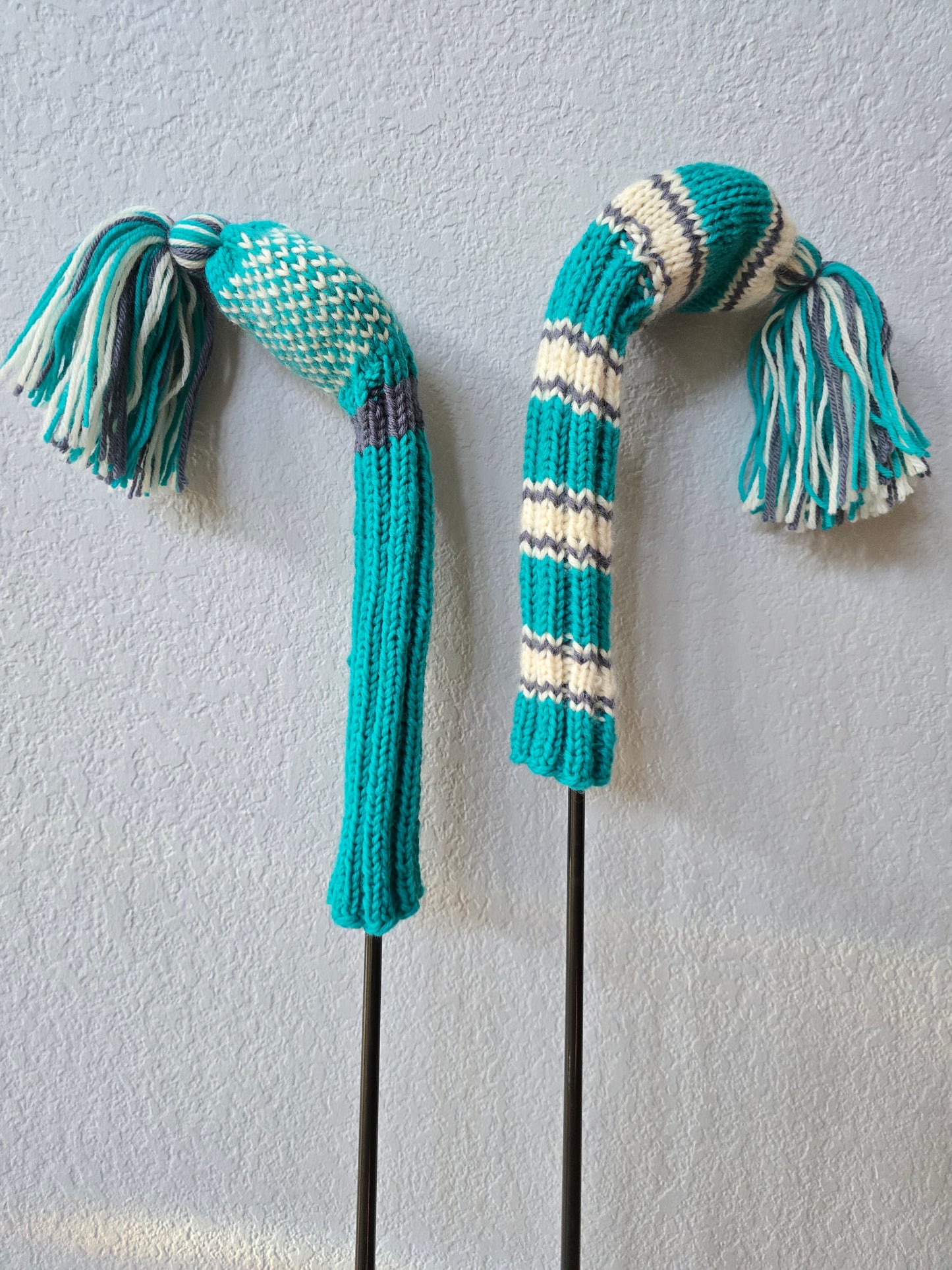 Two 100% Wool Hand Knit Golf Club Head Cover Retro-Vintage Teal, Gray & Ivory with Tassel for Fairway Woods