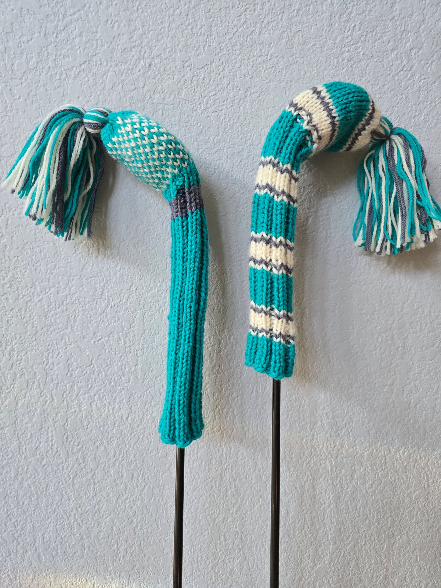 Two 100% Wool Hand Knit Golf Club Head Cover Retro-Vintage Teal, Gray & Ivory with Tassel for Fairway Woods