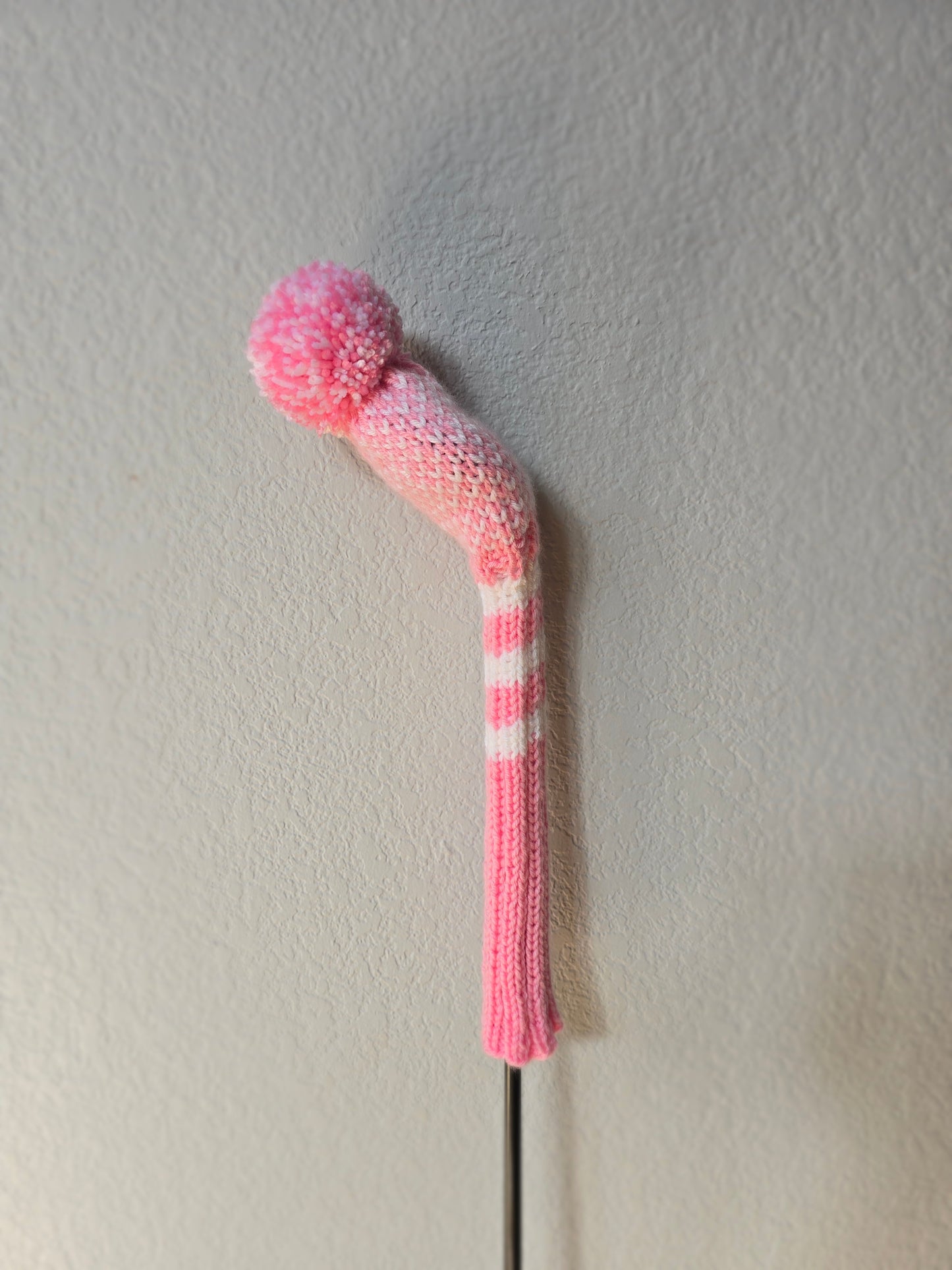 Custom Hand Knit Golf Club Head Cover Retro-Vintage Pink & White with Pom Pom for 5 Wood for Melissa
