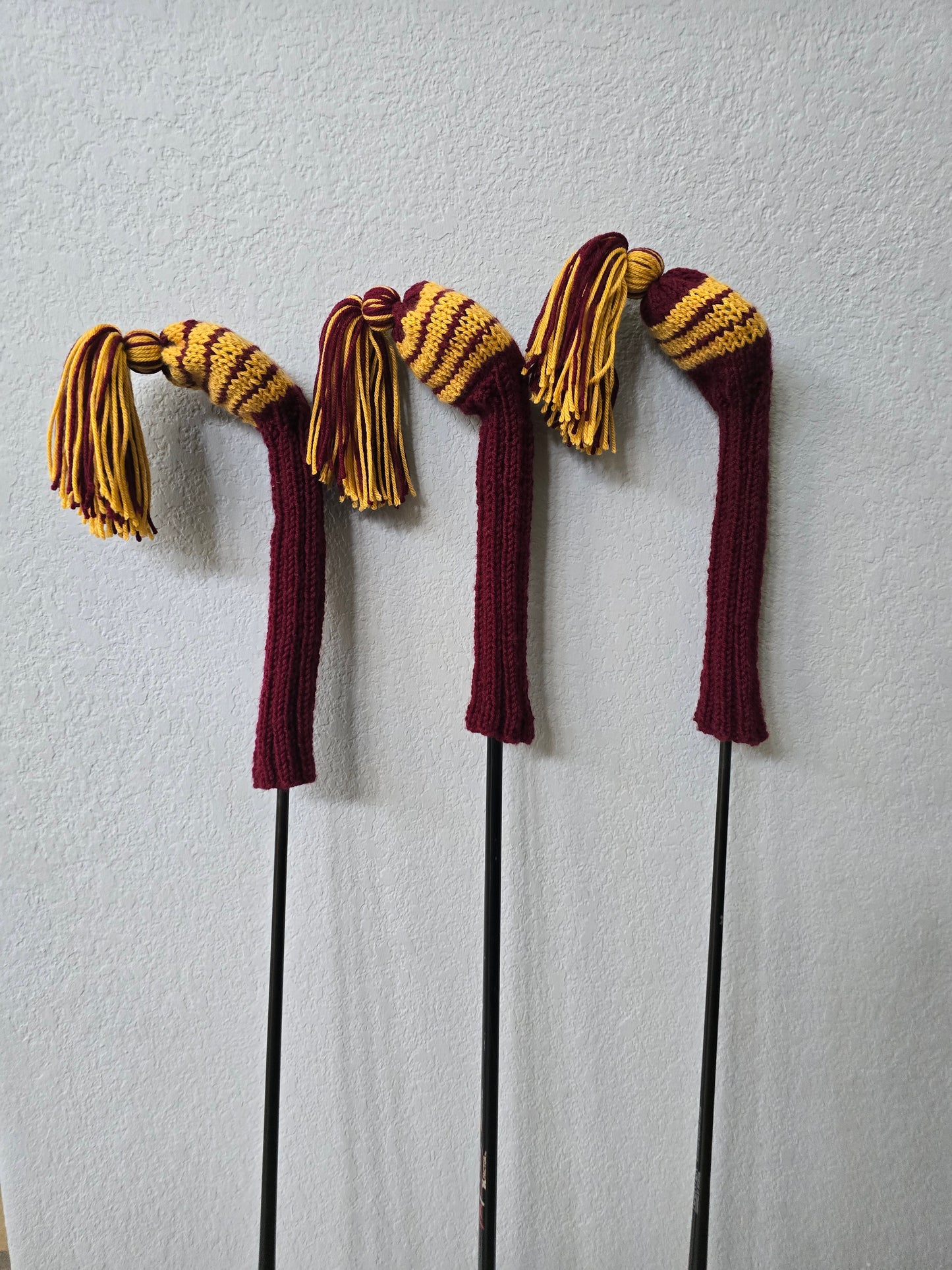 Custom Hand Knit Golf Club Head Covers Retro-Vintage Maroon & Gold with Tassels for 3,4 & 5 Fairway Woods