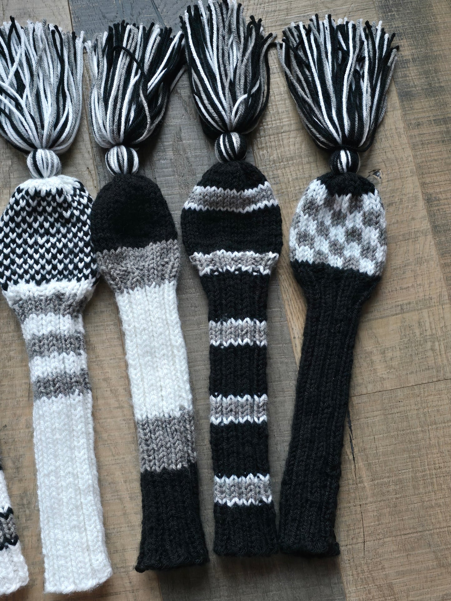 Three Sets Hand Knit Golf Club Head Covers Retro-Vintage Black, Gray and White with Tassels for Woods & Hybrid Clubs Custom for Jeff
