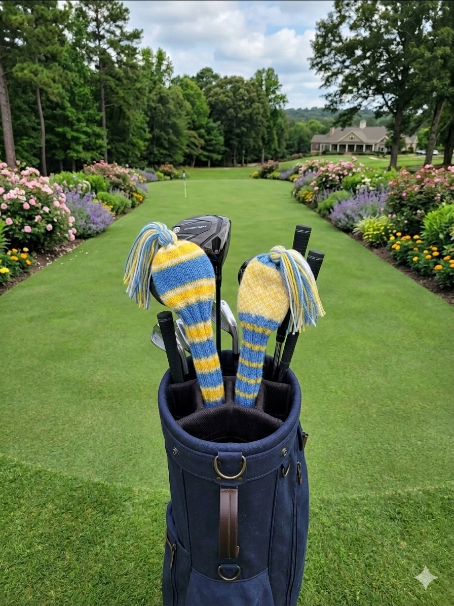 Hand Knit Golf Club Head Covers Retro-Vintage Blue, Yellow & White with Tassels for Fairway Woods