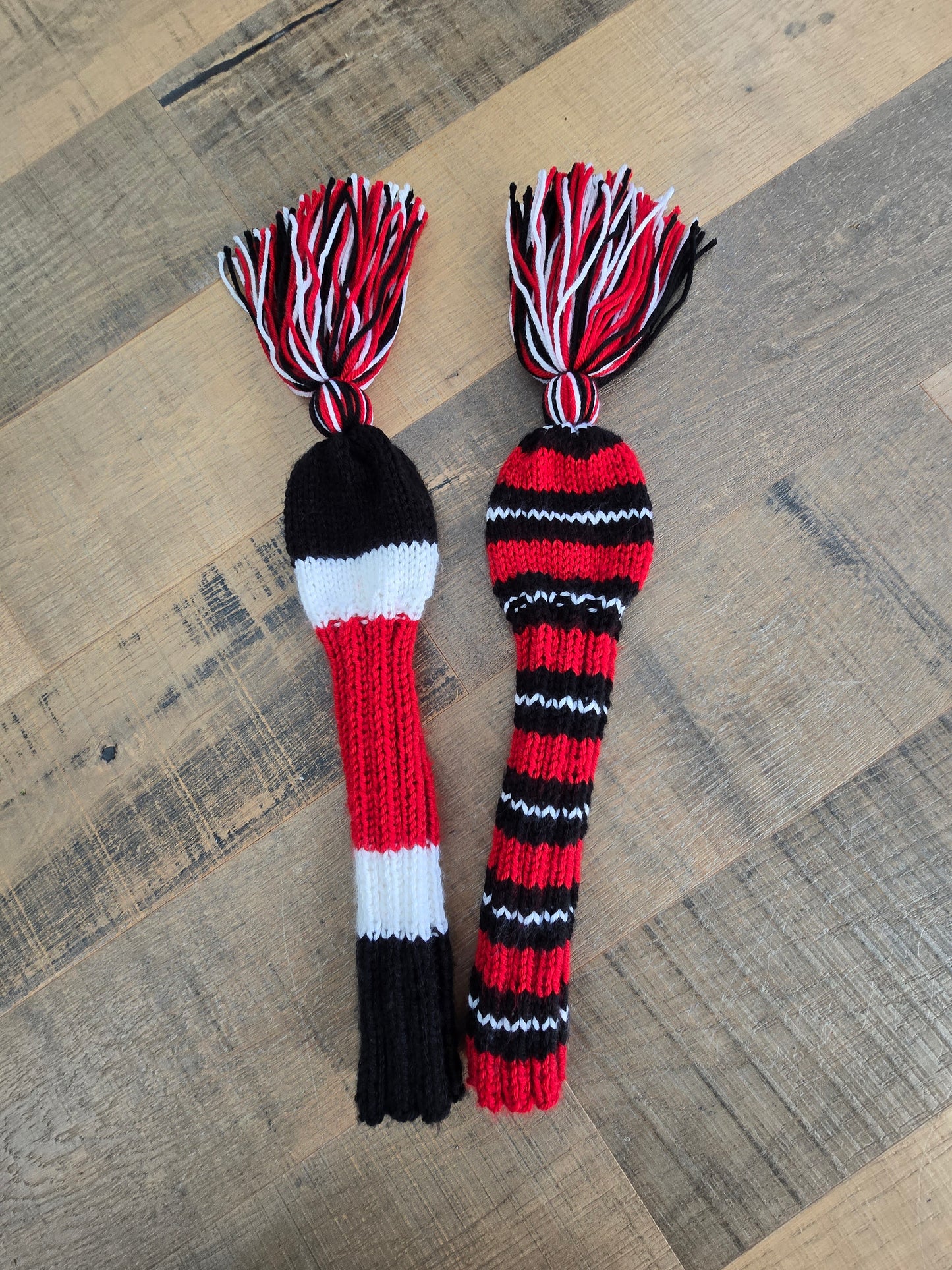 Two Hand Knit Golf Club Head Covers Black, Red & White with Tassels for Fairway Woods