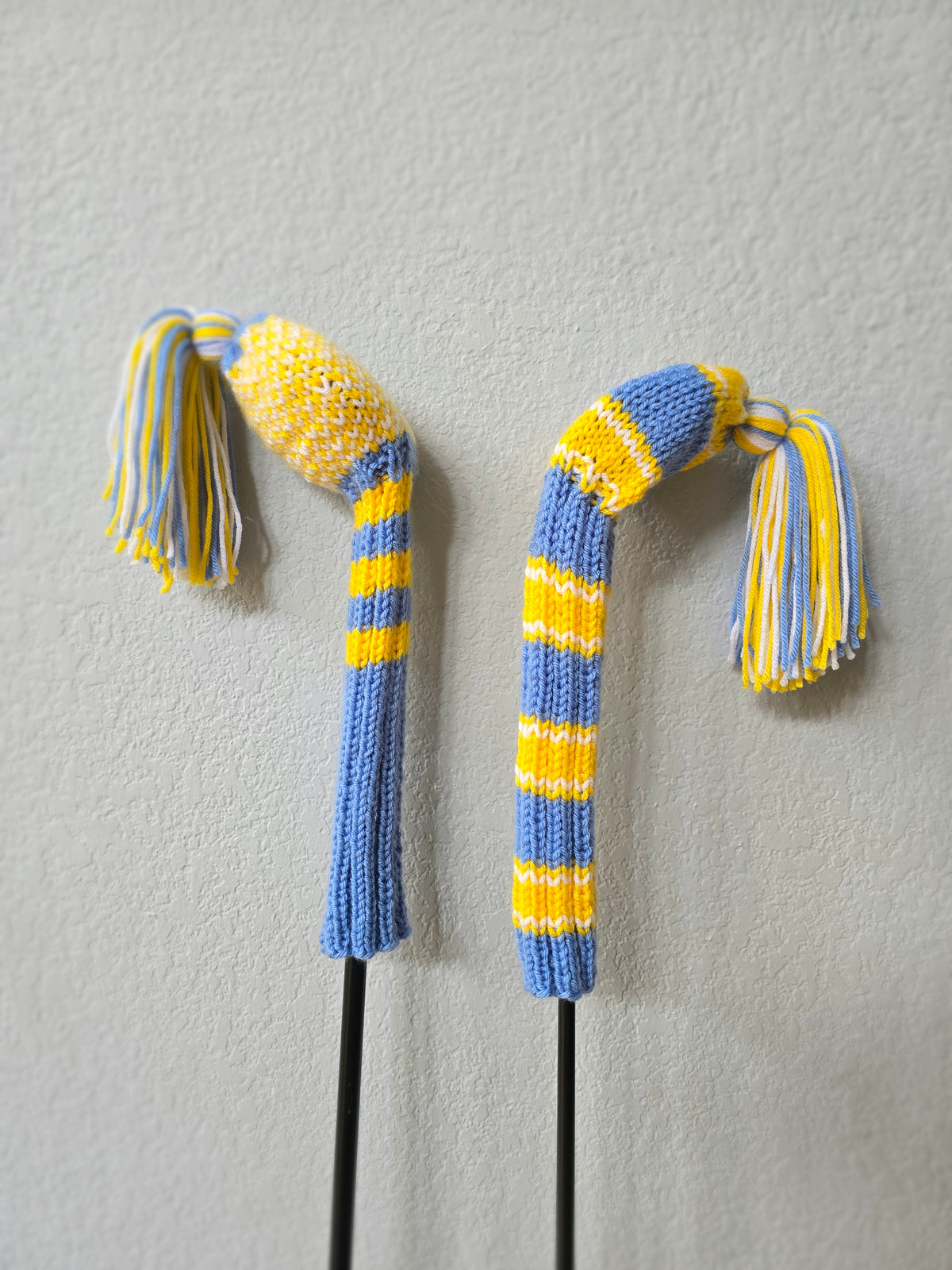 Hand Knit Golf Club Head Covers Retro-Vintage Blue, Yellow & White with Tassels for Fairway Woods