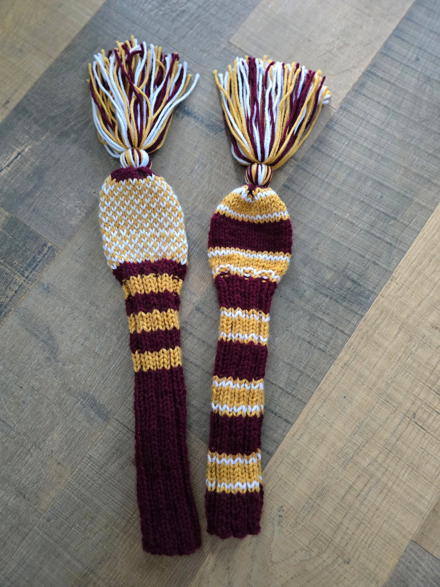 Two Golf Club Head Covers Retro-Vintage Burgundy, Gold & White with Tassels for Fairway Woods