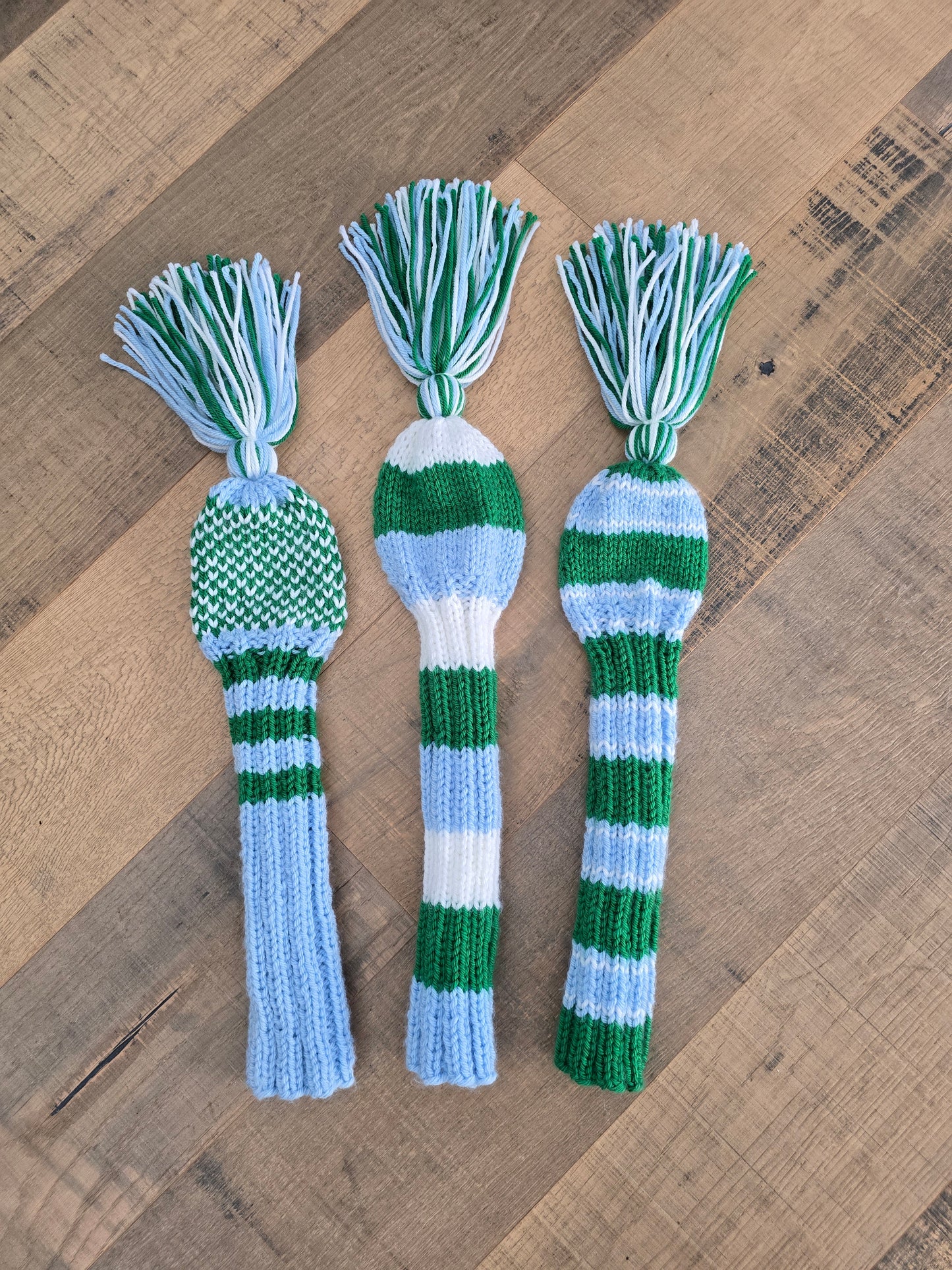Three Golf Club Head Covers Retro-Vintage Blue, Green & White with Tassels for Drivers, Woods