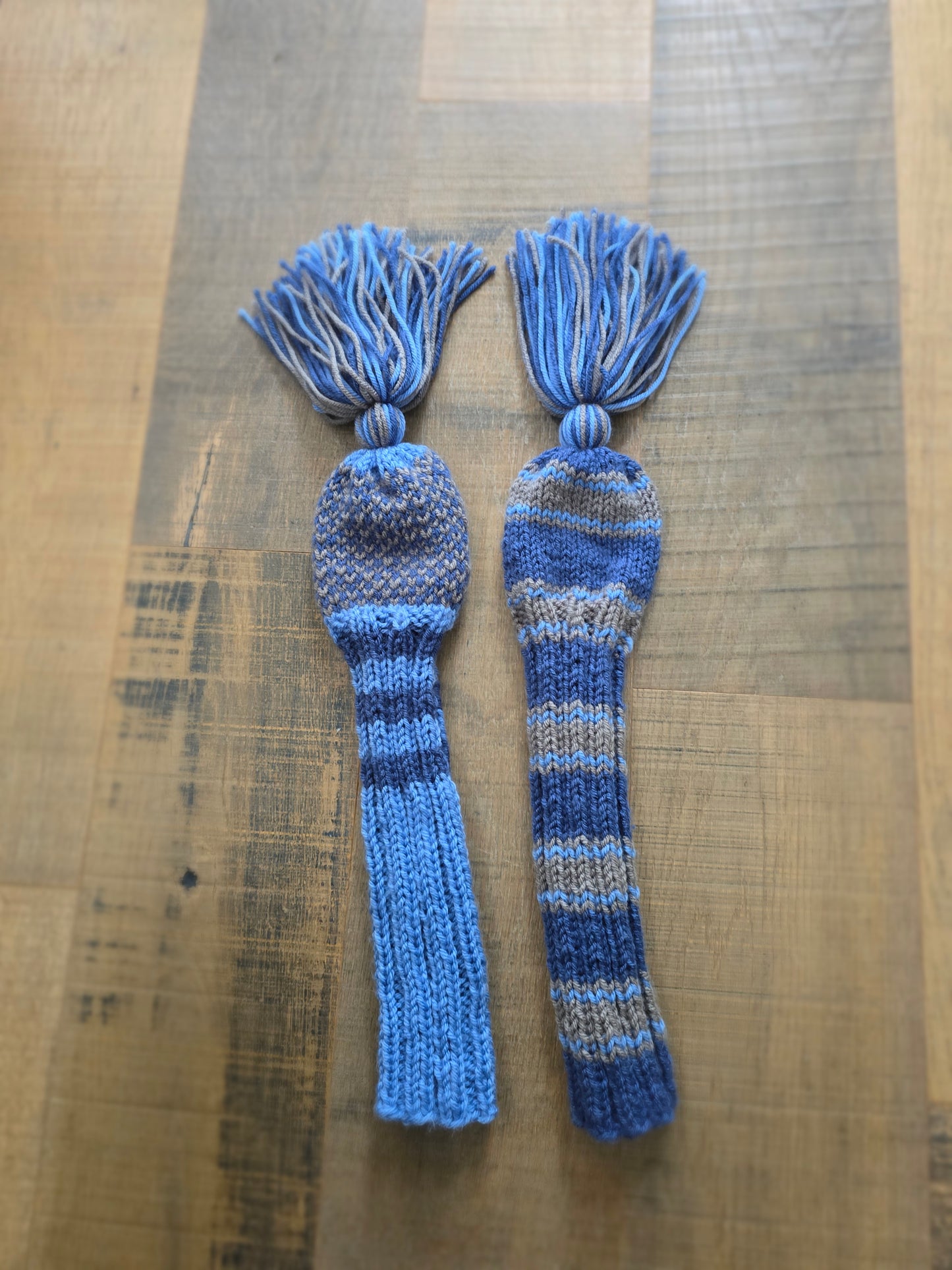 Hand Knit Golf Club Head Covers Retro-Vintage Black, Blue & Gray with Tassels for Fairway Woods