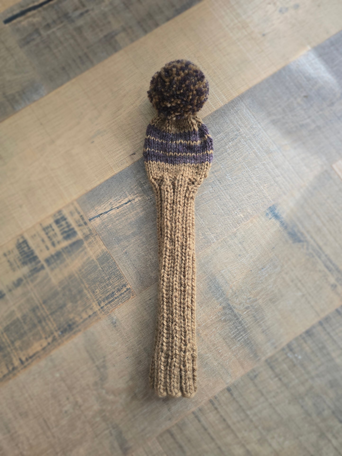 100% Wool Hand Knit Hybrid Golf Club Head Cover Retro-Vintage Brown &Tan with Pom Pom