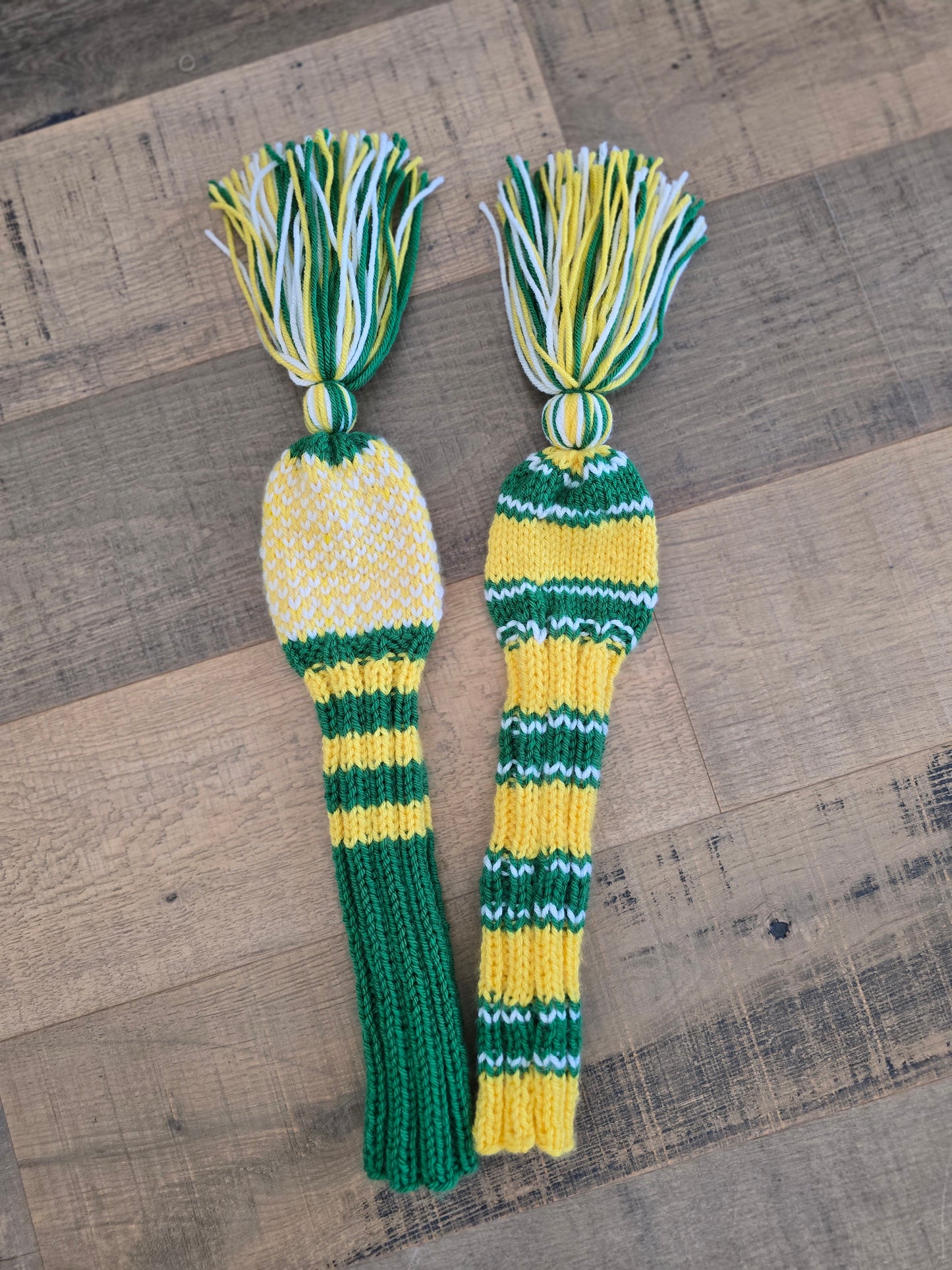 Hand Knit Golf Club Head Covers Retro-Vintage Green, Yellow & White with Tassels for Fairway Woods