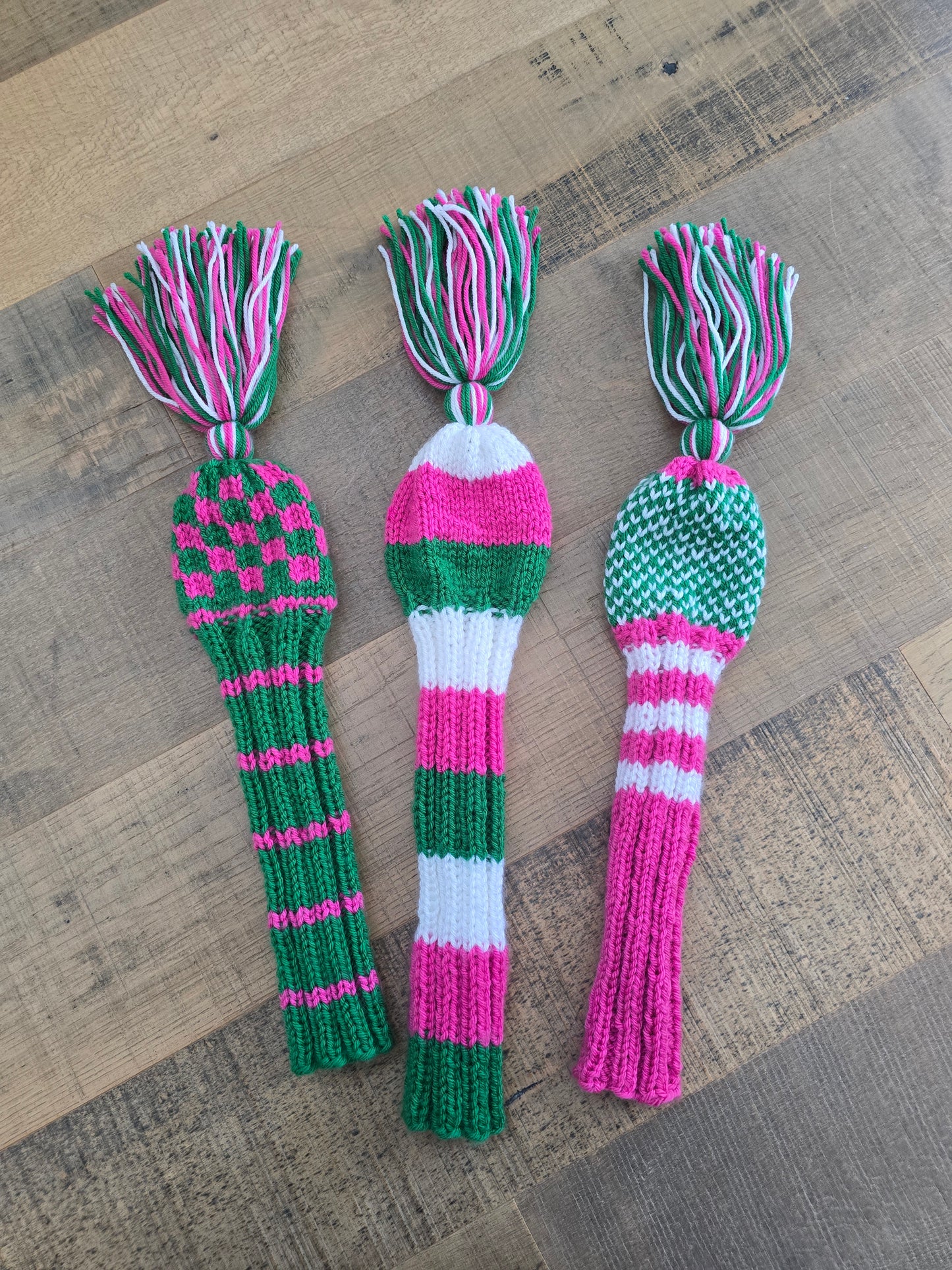 Golf Club Head Covers Retro-Vintage Pink, Green & White with Tassels for Drivers, Woods Hand Knit Golf Accessory