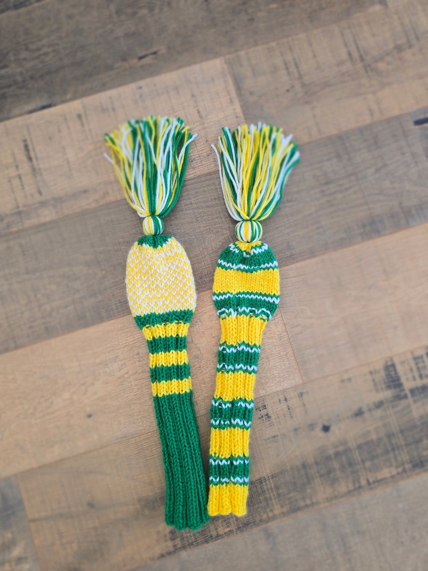 Hand Knit Golf Club Head Covers Retro-Vintage Green, Yellow & White with Tassels for Fairway Woods