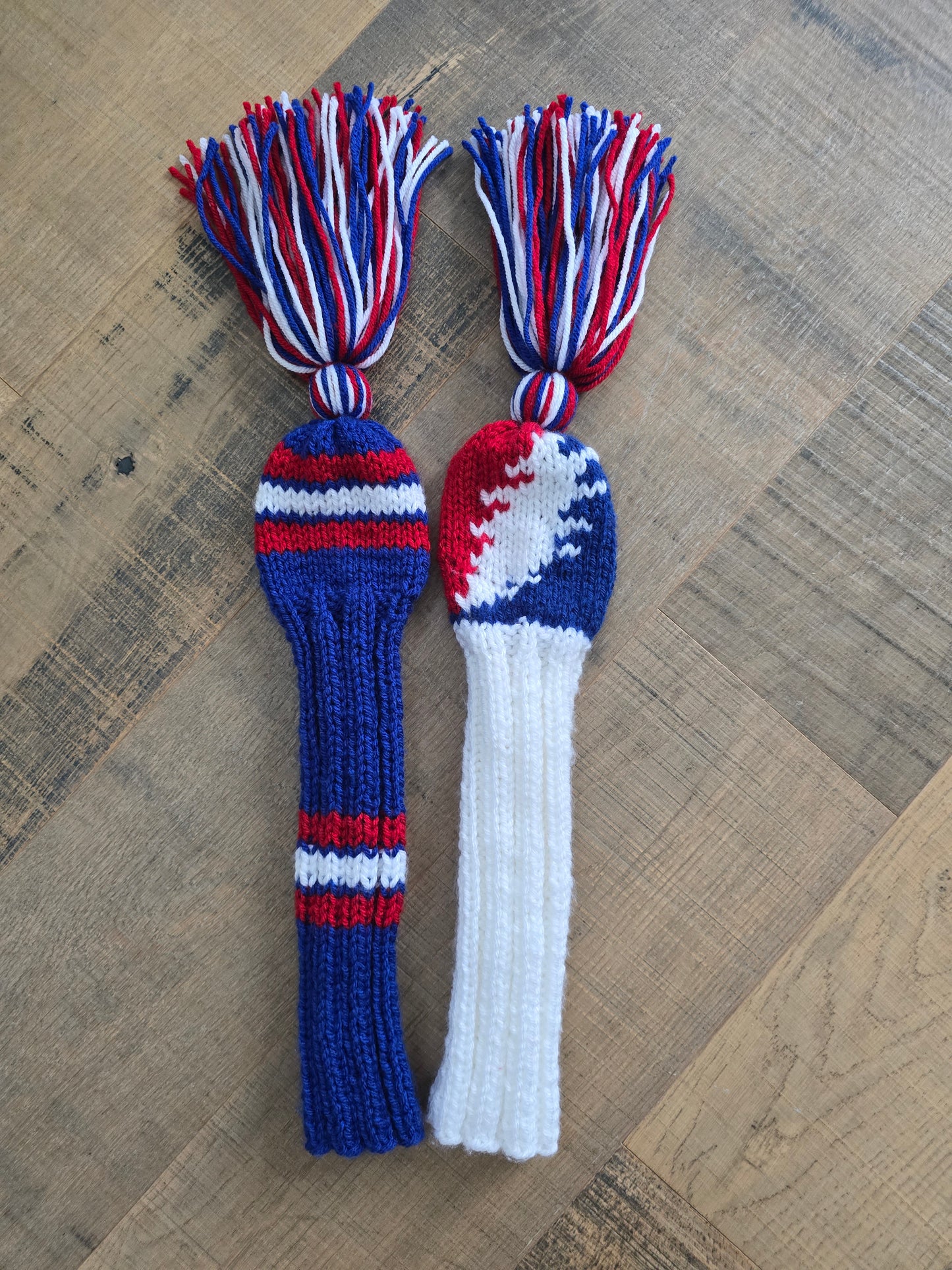 Hand Knit Golf Club Head Covers Retro-Vintage Custom Red, White and Blue Set of Two for Hybrids for Wes