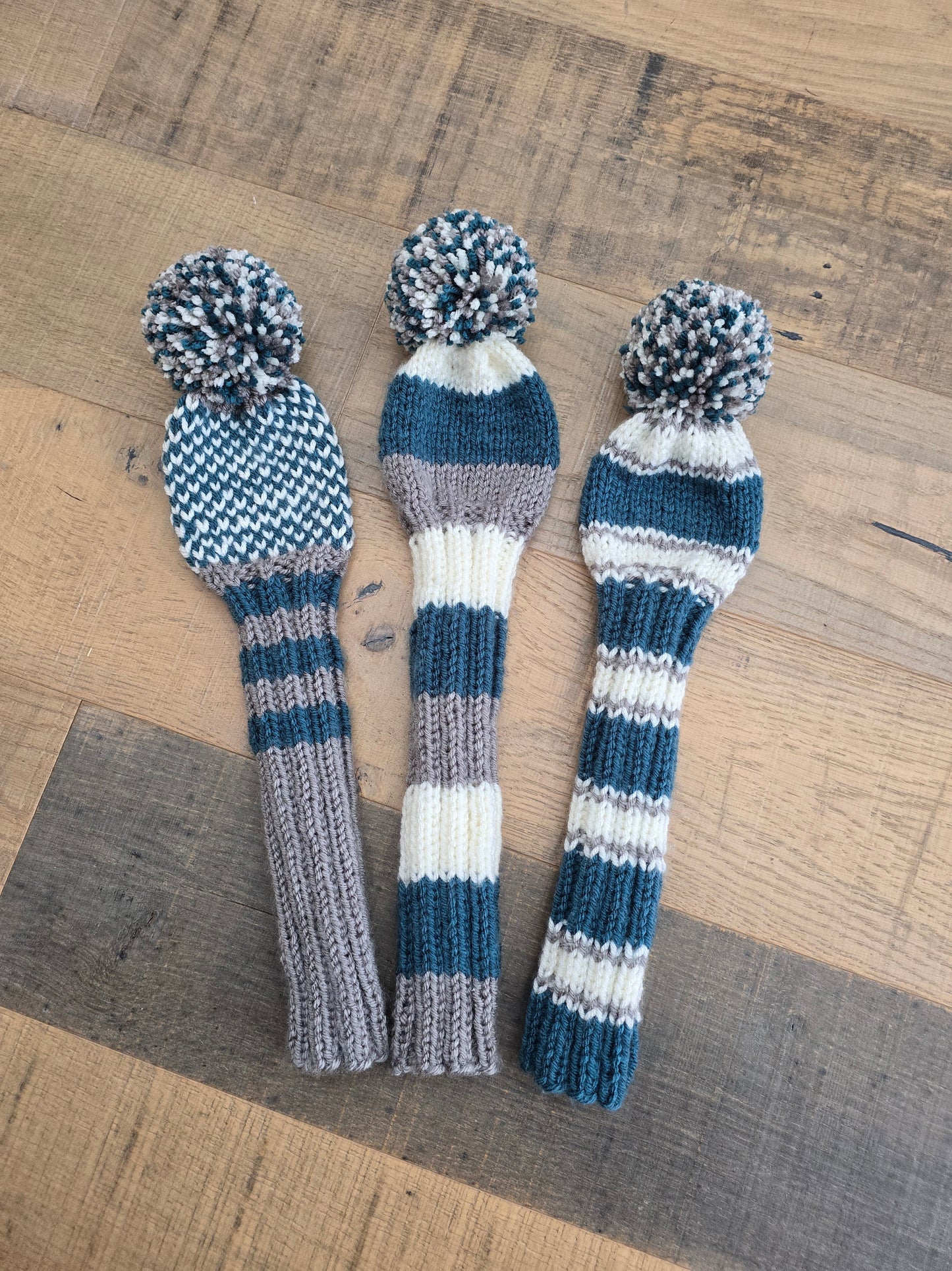 Golf Club Head Covers Retro-Vintage Teal, Gray and Off White with Pom Poms for Drivers, Woods Hand Knit Golf Accessory