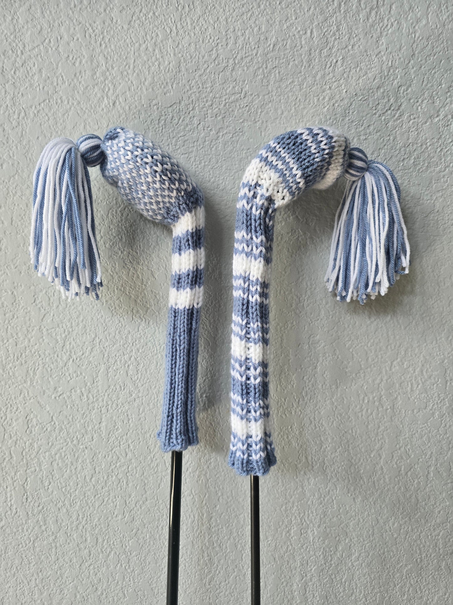 Two Hand Knit Golf Club Head Covers Retro-Vintage Dusty Blue & White with Tassels for Woods