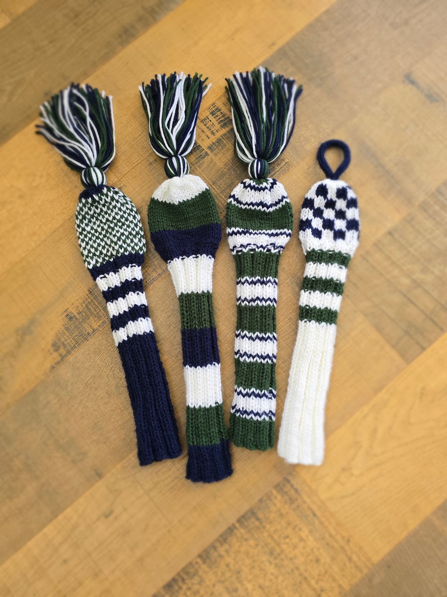 Custom Hand Knit Golf Club Head Covers Retro-Vintage Blue, Green & White with Tassels for Driver, Fairway Woods & Hybrid