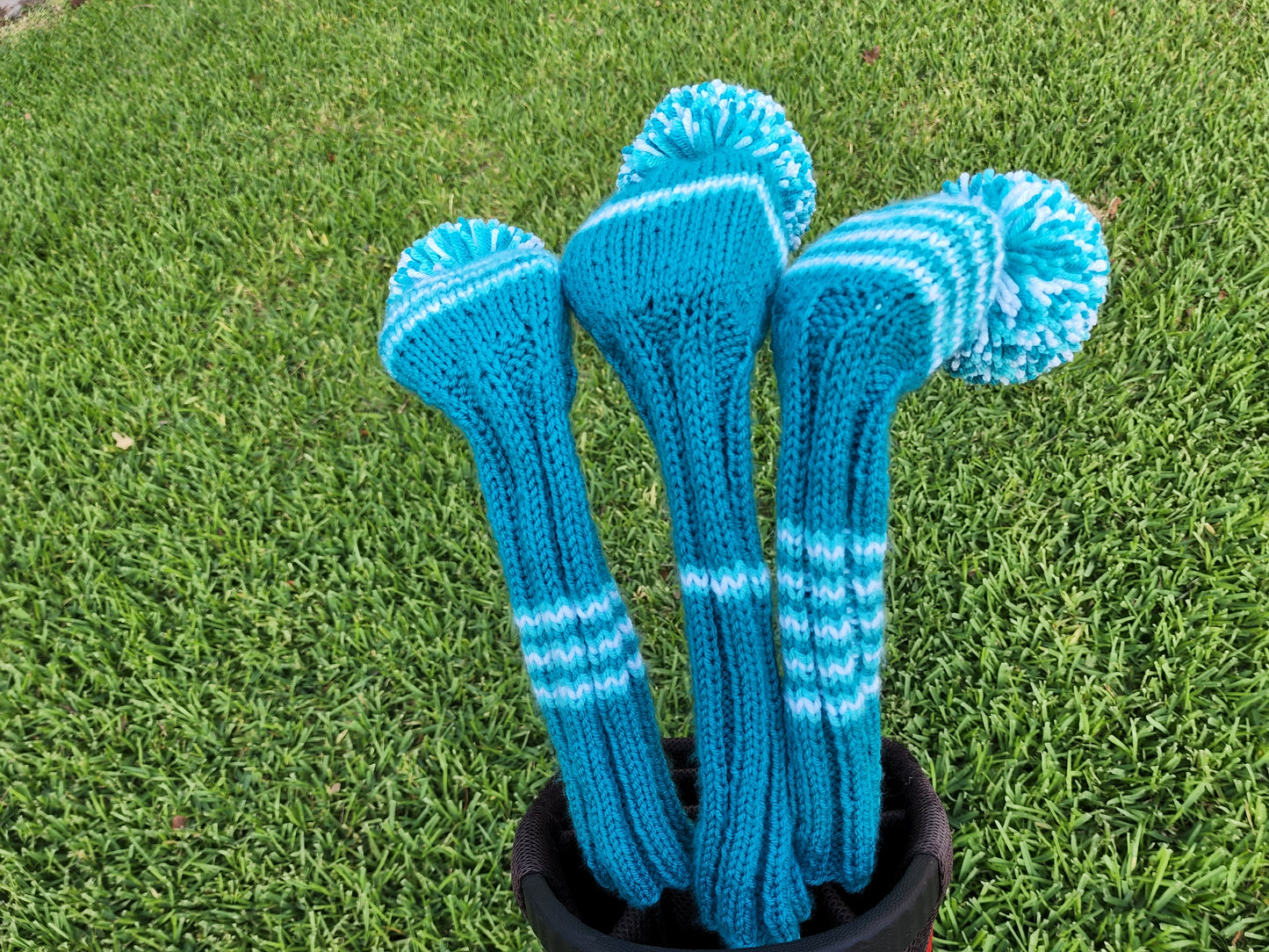Three Golf Club Head Covers Retro-Vintage Teal, Aqua & White with Pom Poms for Drivers, Woods - Austinknittylimits
