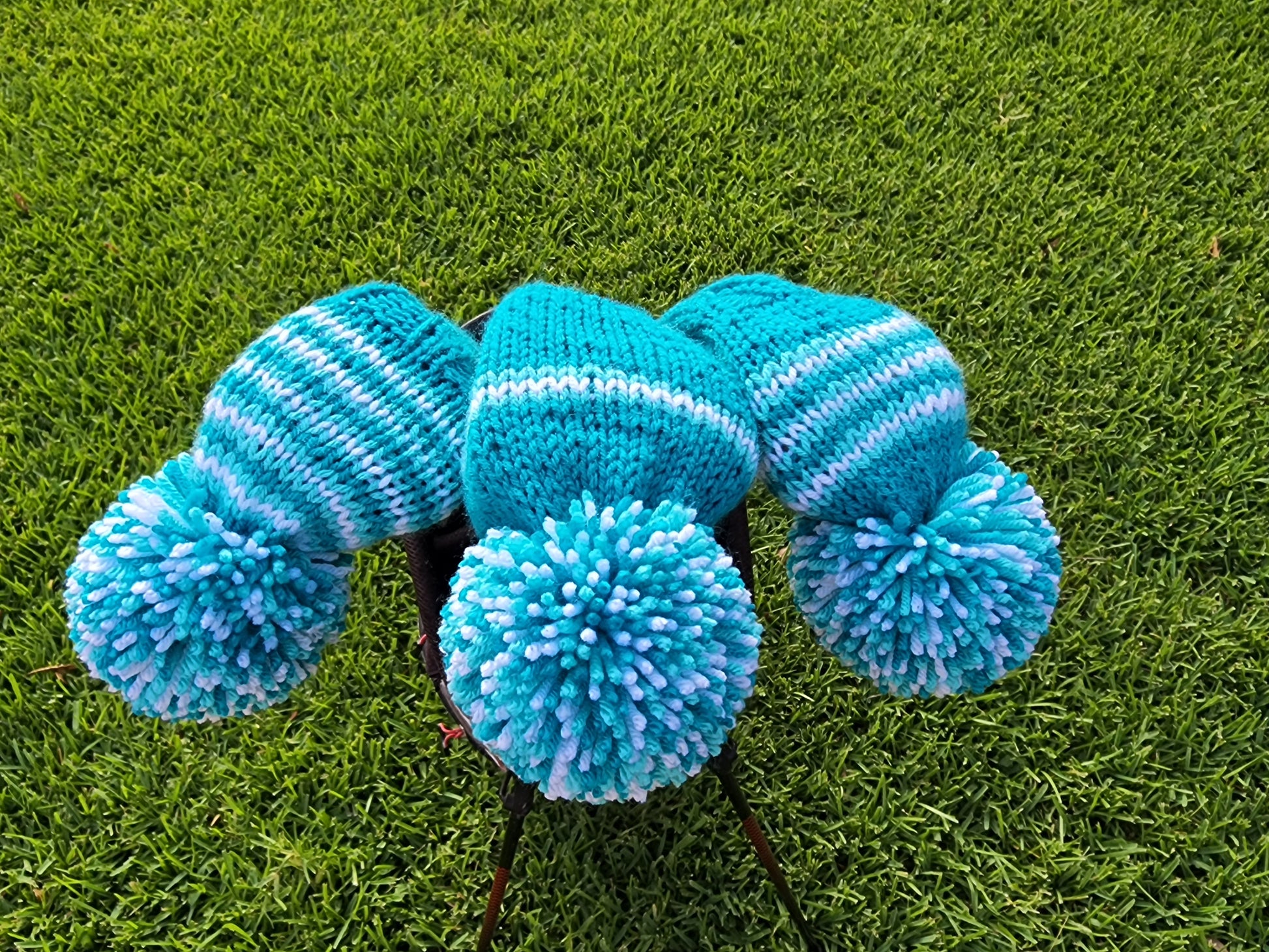 Three Golf Club Head Covers Retro-Vintage Teal, Aqua & White with Pom Poms for Drivers, Woods - Austinknittylimits