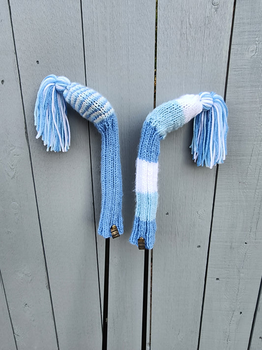 Two Golf Club Head Covers Retro-Vintage Ombre Blue & White with Tassels for Fairway Woods - Austinknittylimits