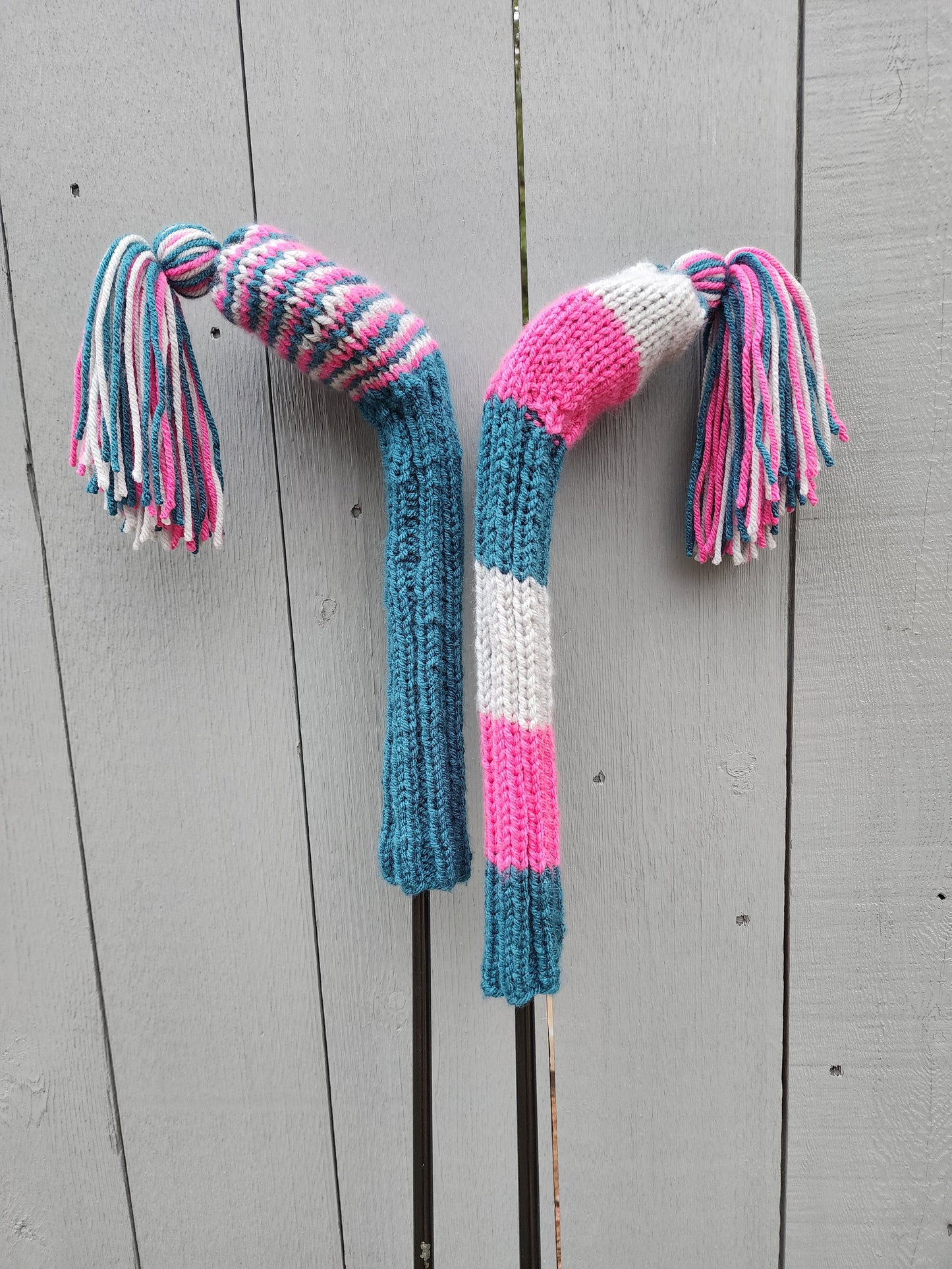 Two Golf Club Head Covers Retro-Vintage Blue, Pink & White with Tassels for Drivers, Woods - Austinknittylimits