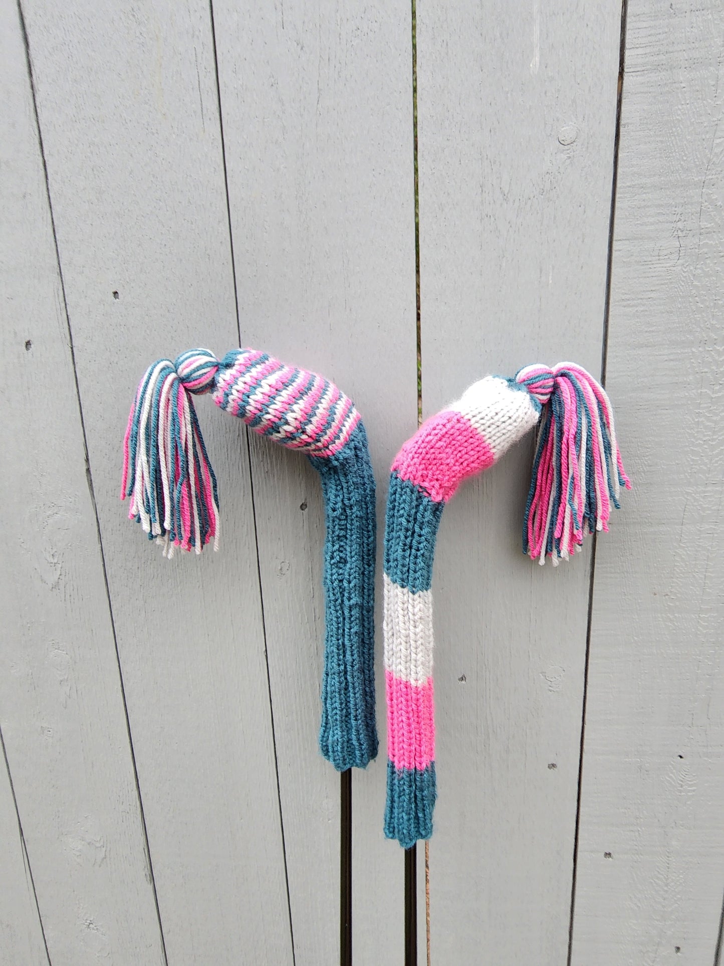 Two Golf Club Head Covers Retro-Vintage Blue, Pink & White with Tassels for Drivers, Woods - Austinknittylimits