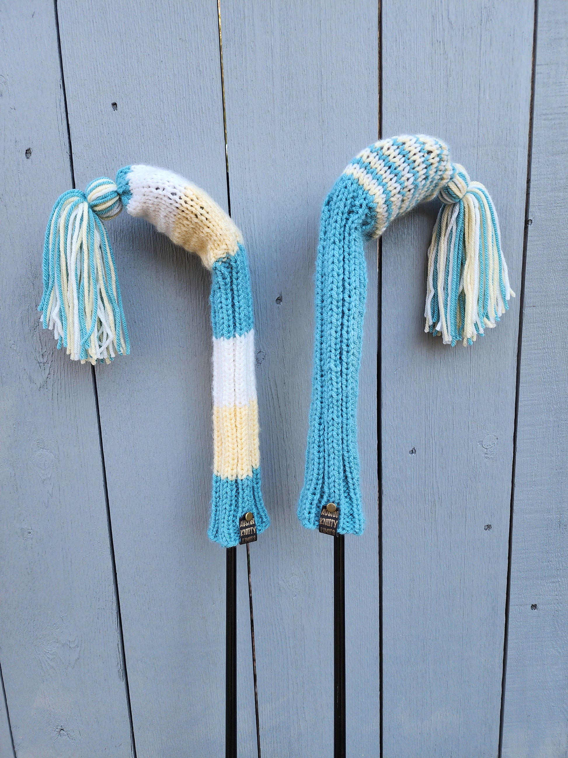 Two Golf Club Head Covers Retro-Vintage Blue, Yellow & White with Tassels for Fairway Woods - Austinknittylimits