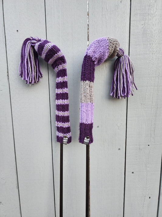 Two Golf Club Head Covers Retro-Vintage Purple, Lavender & Gray with Tassels for Fairway Woods - Austinknittylimits