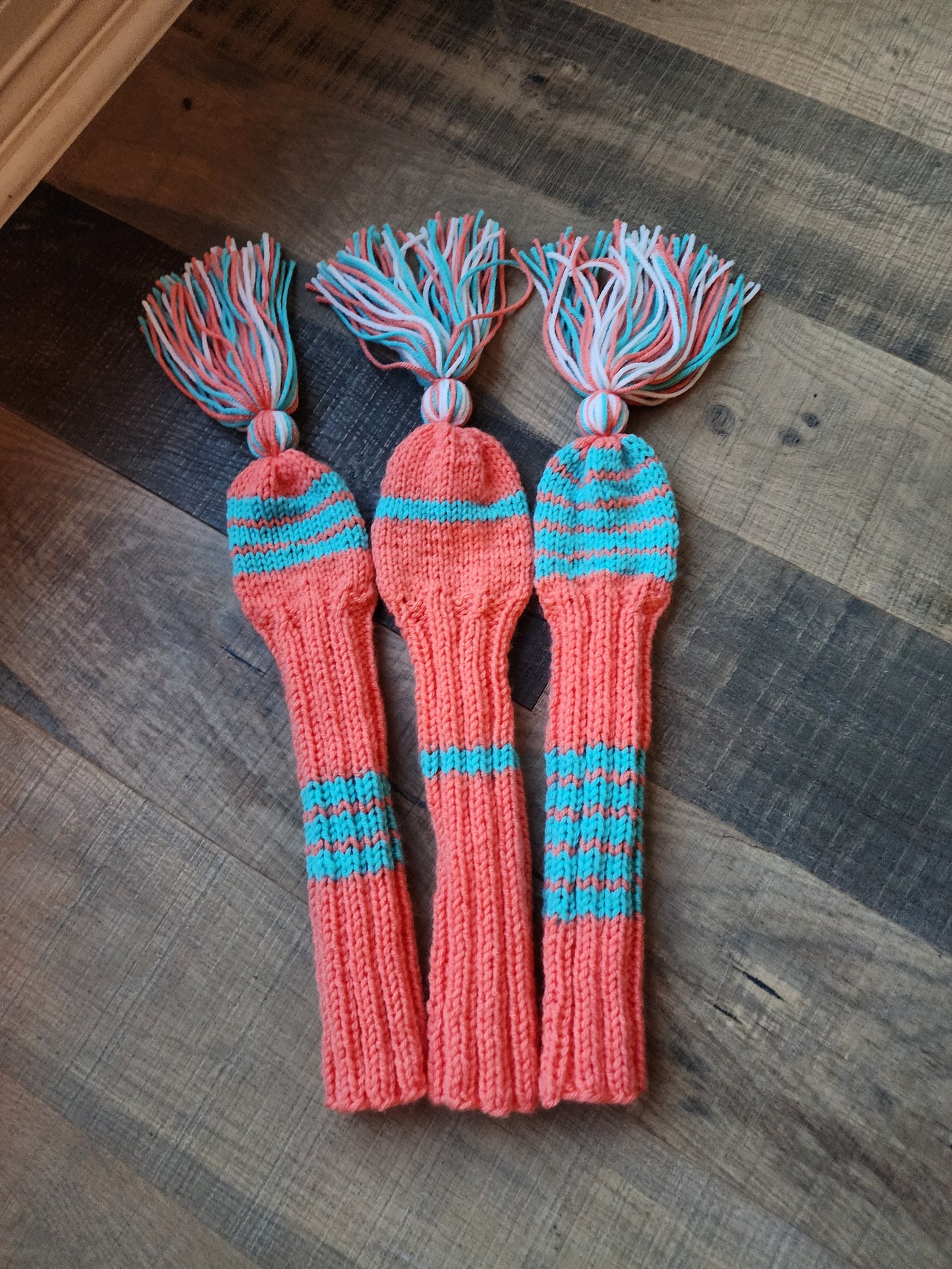 Three Golf Club Head Covers Retro-Vintage Orange, Blue & White with Tassels for Drivers, Woods - Austinknittylimits