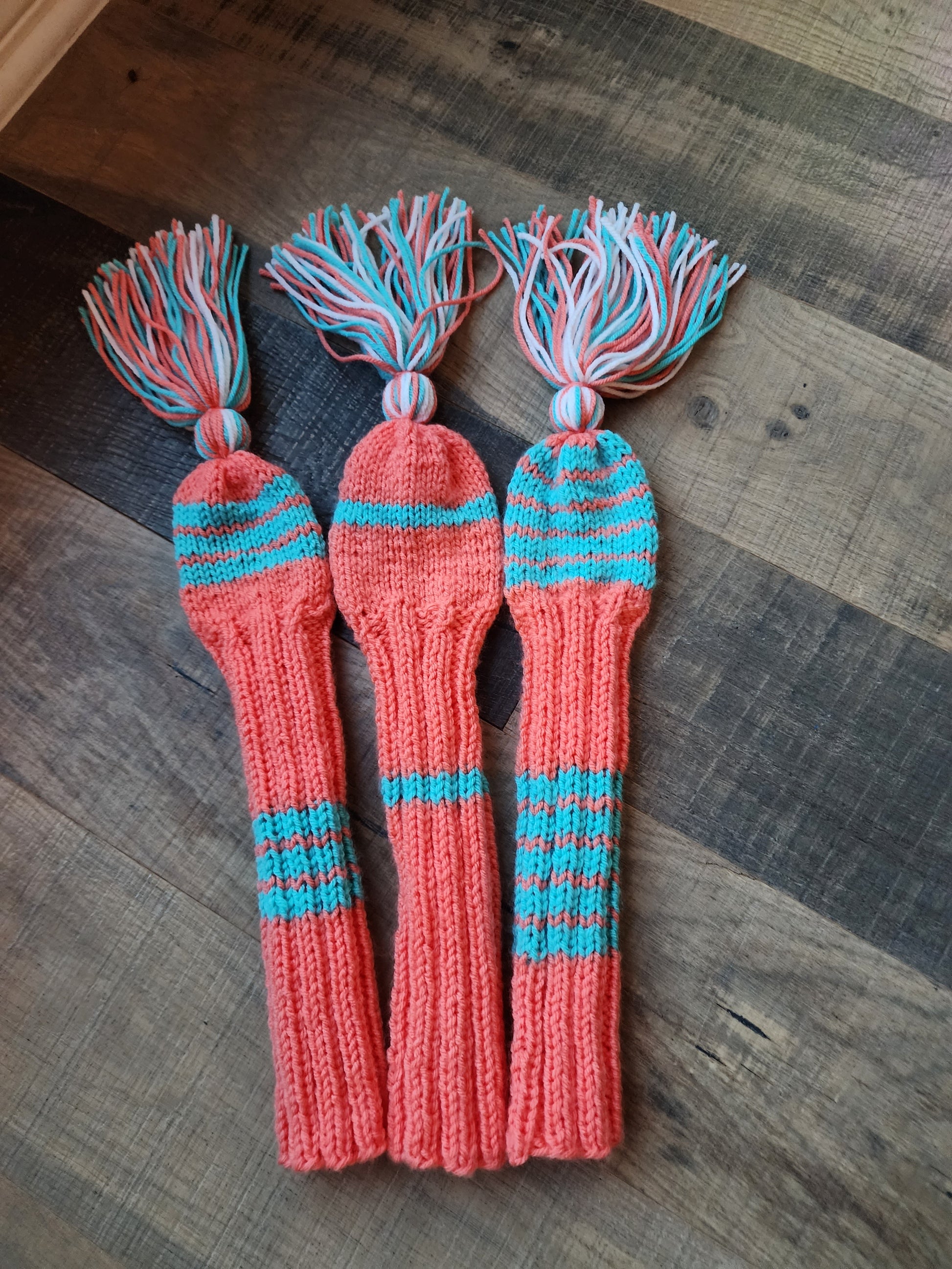 Three Golf Club Head Covers Retro-Vintage Orange, Blue & White with Tassels for Drivers, Woods - Austinknittylimits