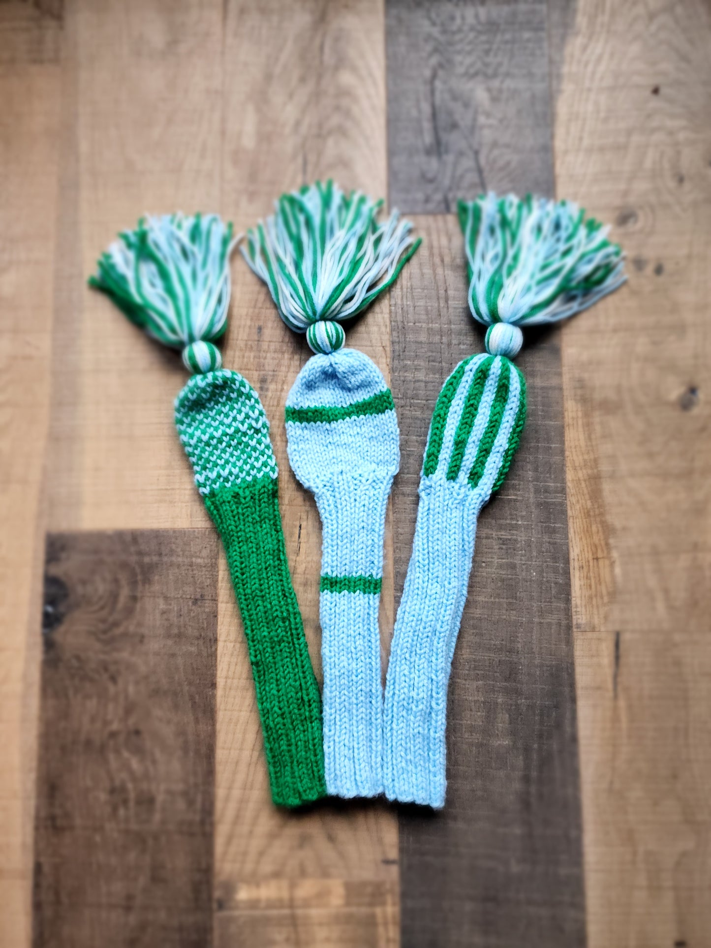 Three Golf Club Head Covers Retro-Vintage Blue, Green & White with Tassels for Drivers, Woods - Austinknittylimits