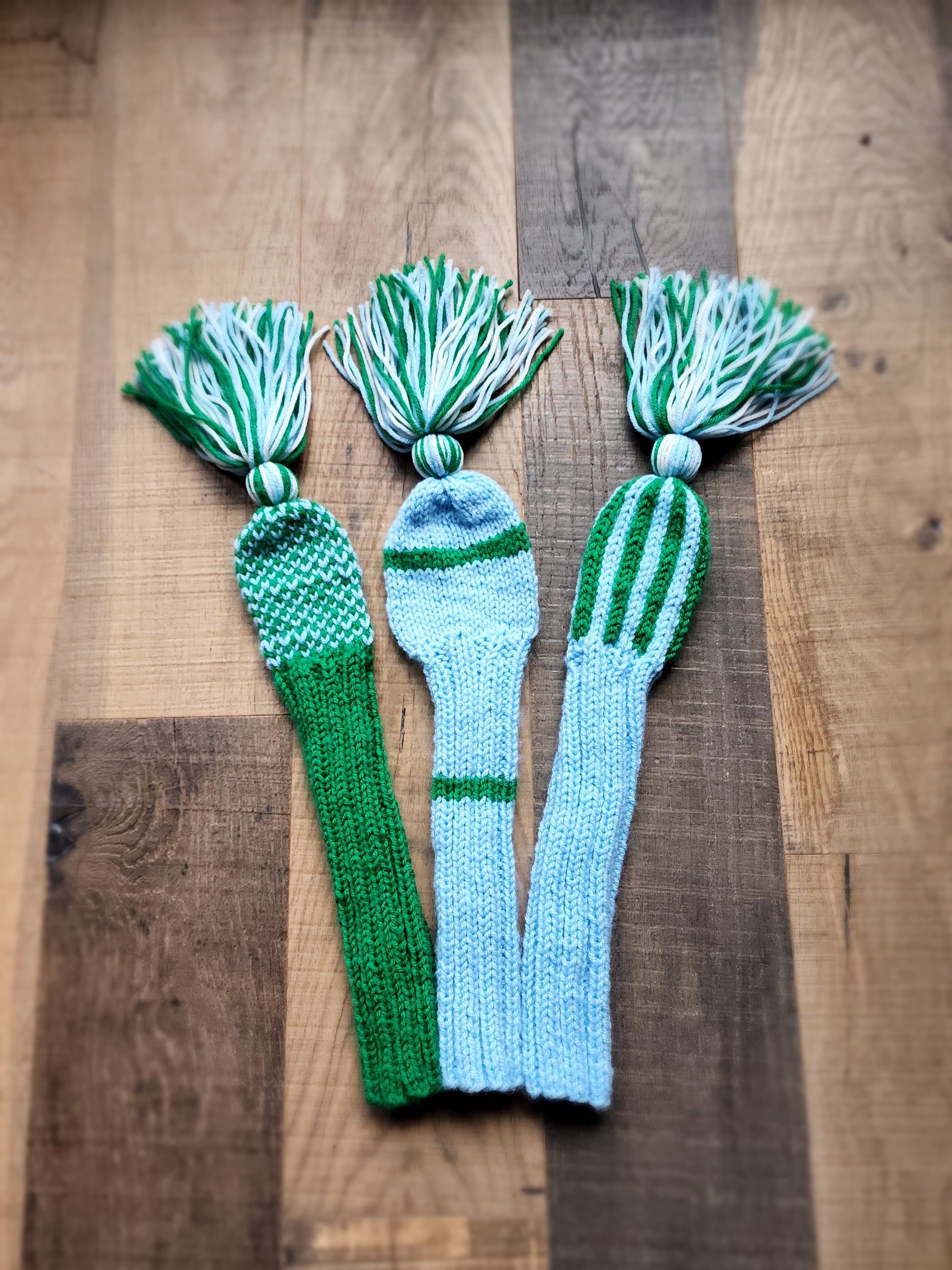 Three Golf Club Head Covers Retro-Vintage Blue, Green & White with Tassels for Drivers, Woods - Austinknittylimits