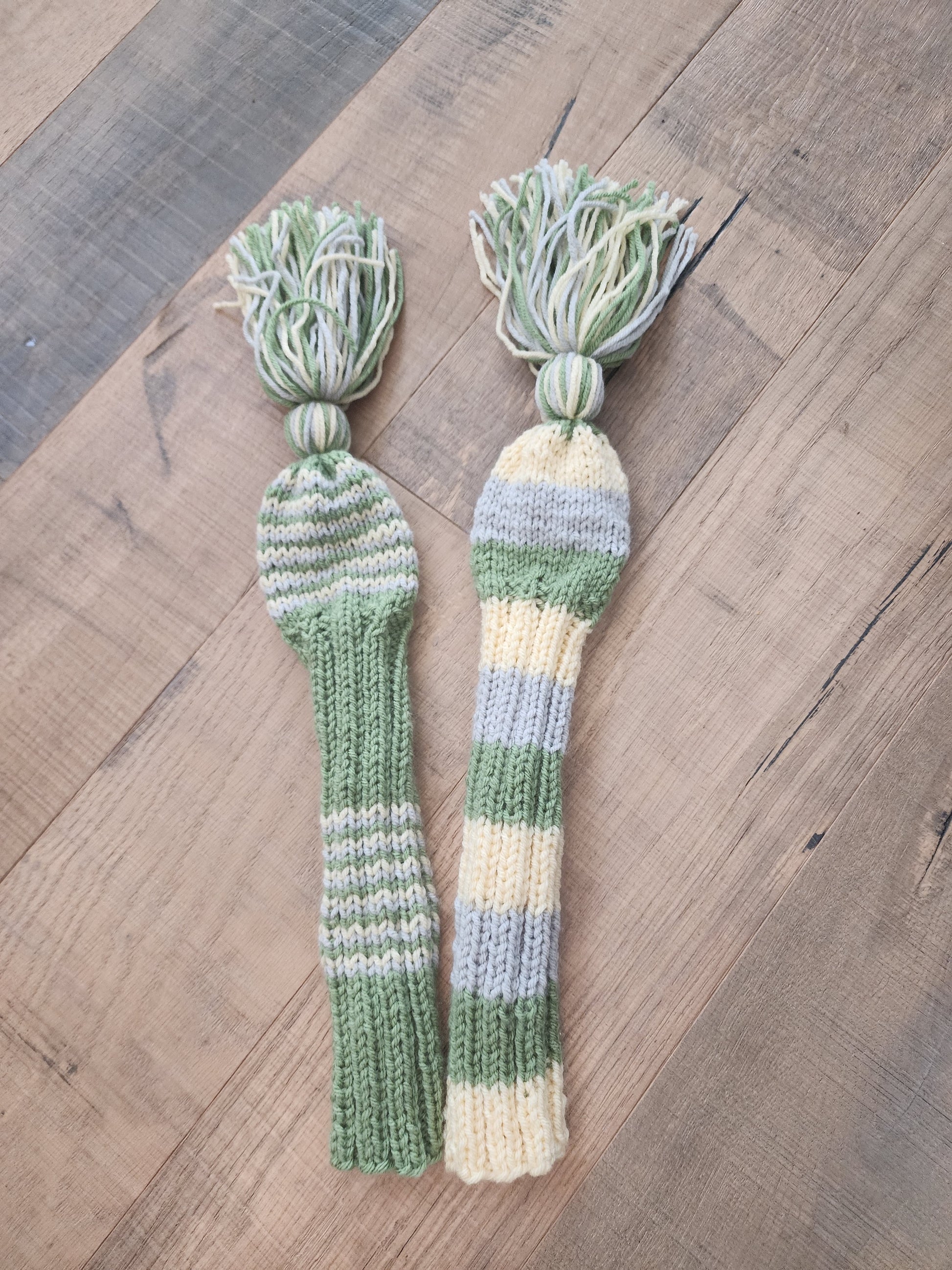 Two Golf Club Head Covers Retro-Vintage Green, Yellow & Gray with Tassels for Fairway Woods - Austinknittylimits