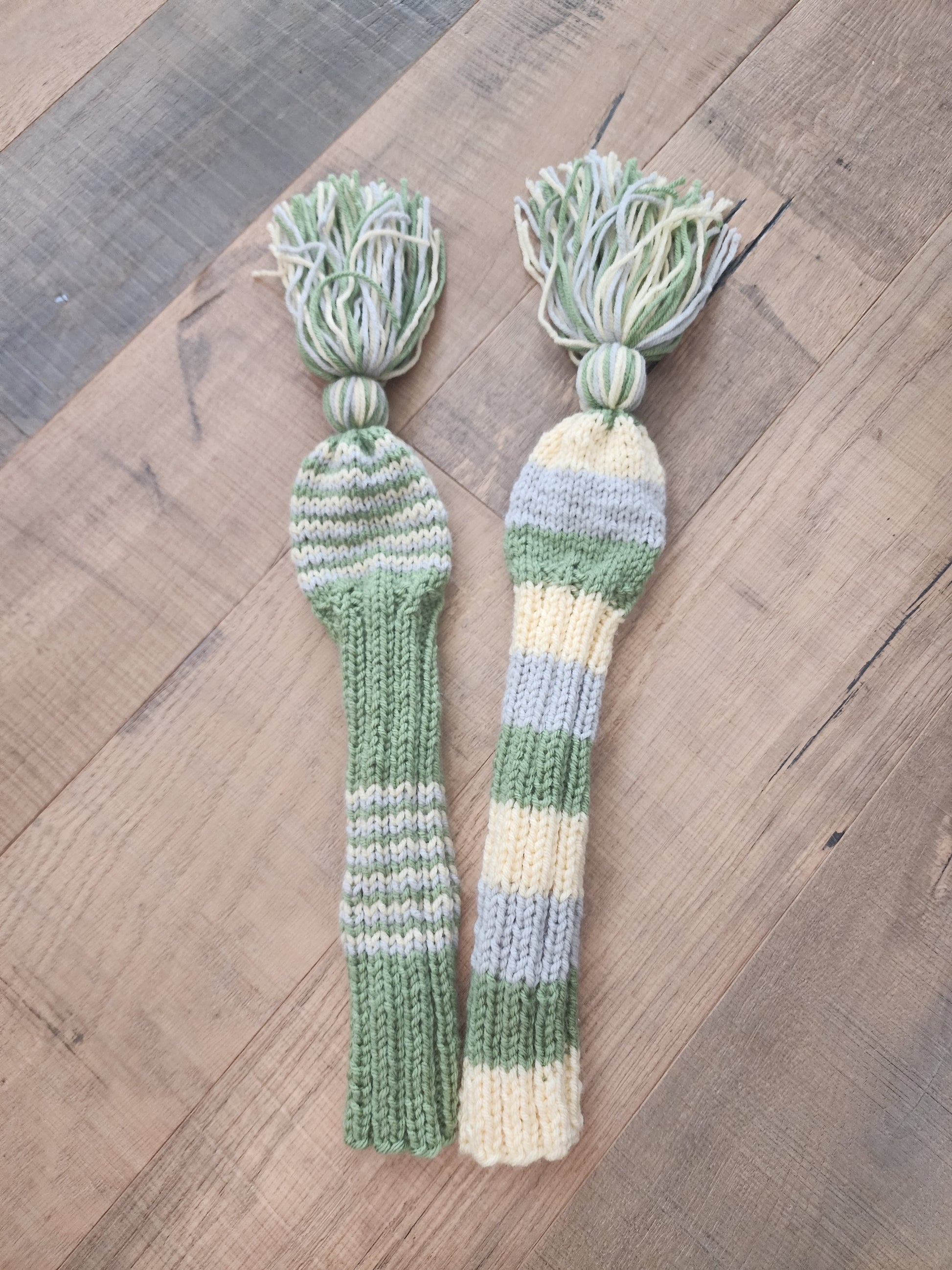 Two Golf Club Head Covers Retro-Vintage Green, Yellow & Gray with Tassels for Fairway Woods - Austinknittylimits