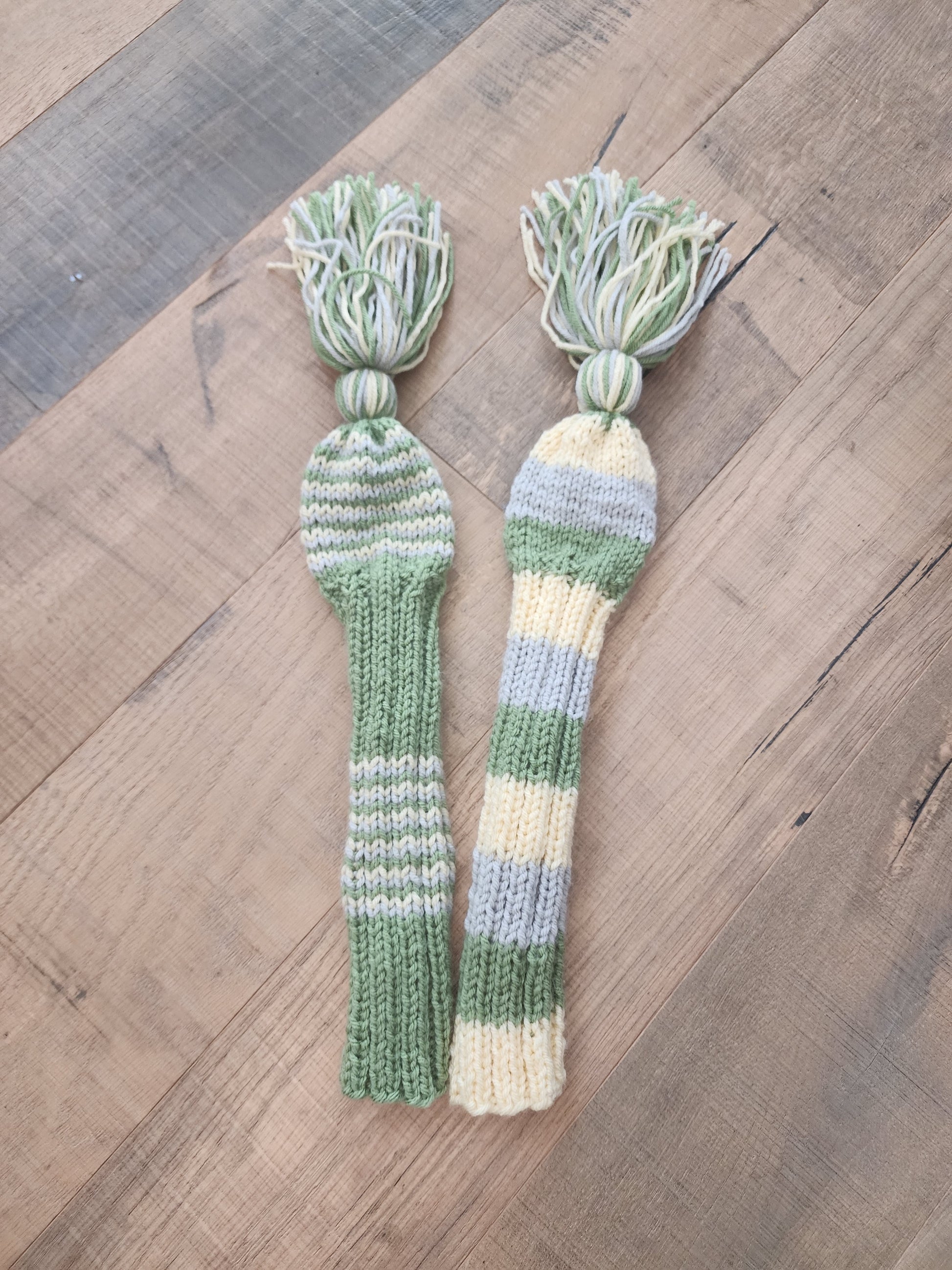 Two Golf Club Head Covers Retro-Vintage Green, Yellow & Gray with Tassels for Fairway Woods - Austinknittylimits